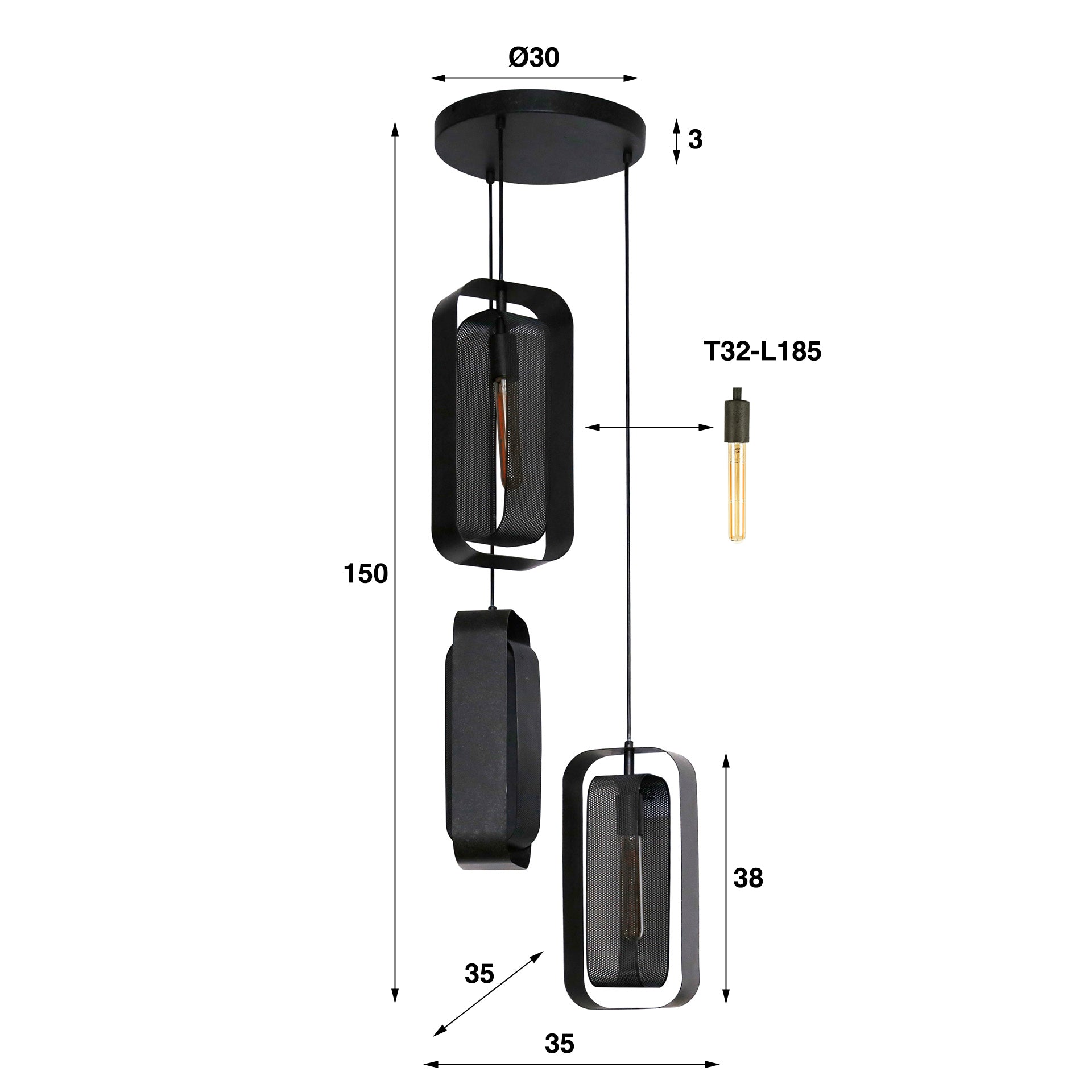 Hanglamp Isla - 3-lichts - Zwart - Mesh