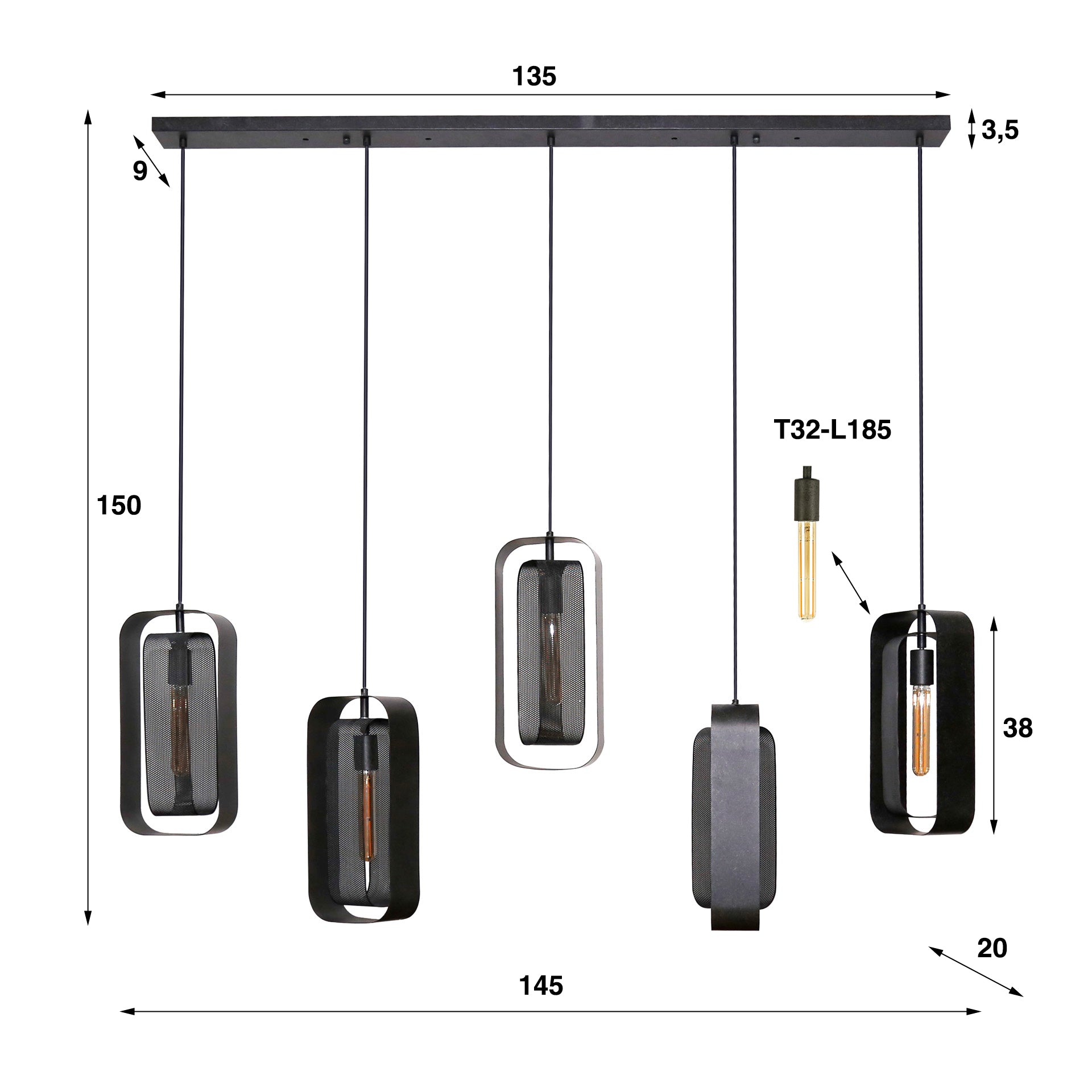 Hanglamp Jaxon - 5-lichts - Zwart - Mesh