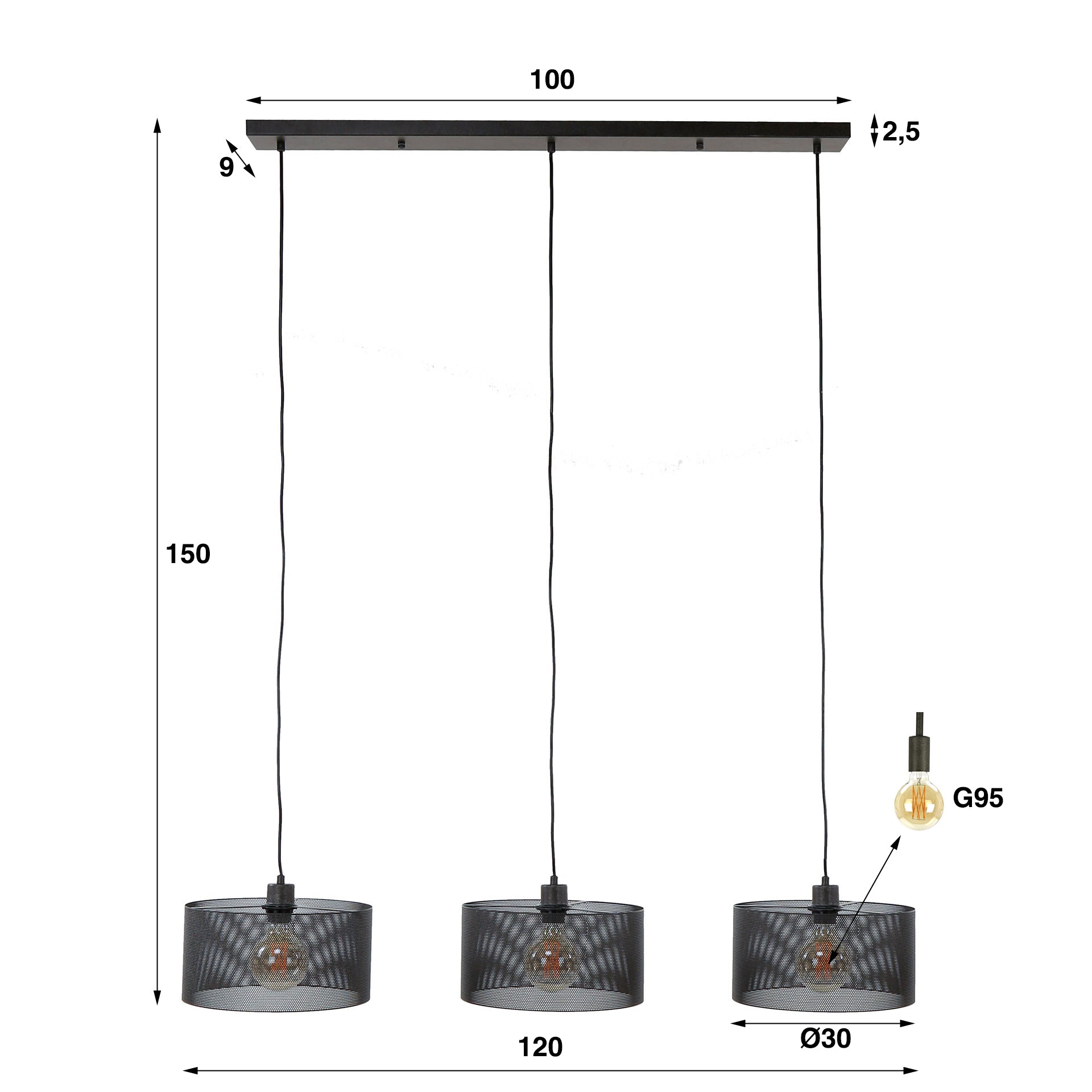 Hanglamp Dario - 3-lichts - Zwart - Mesh