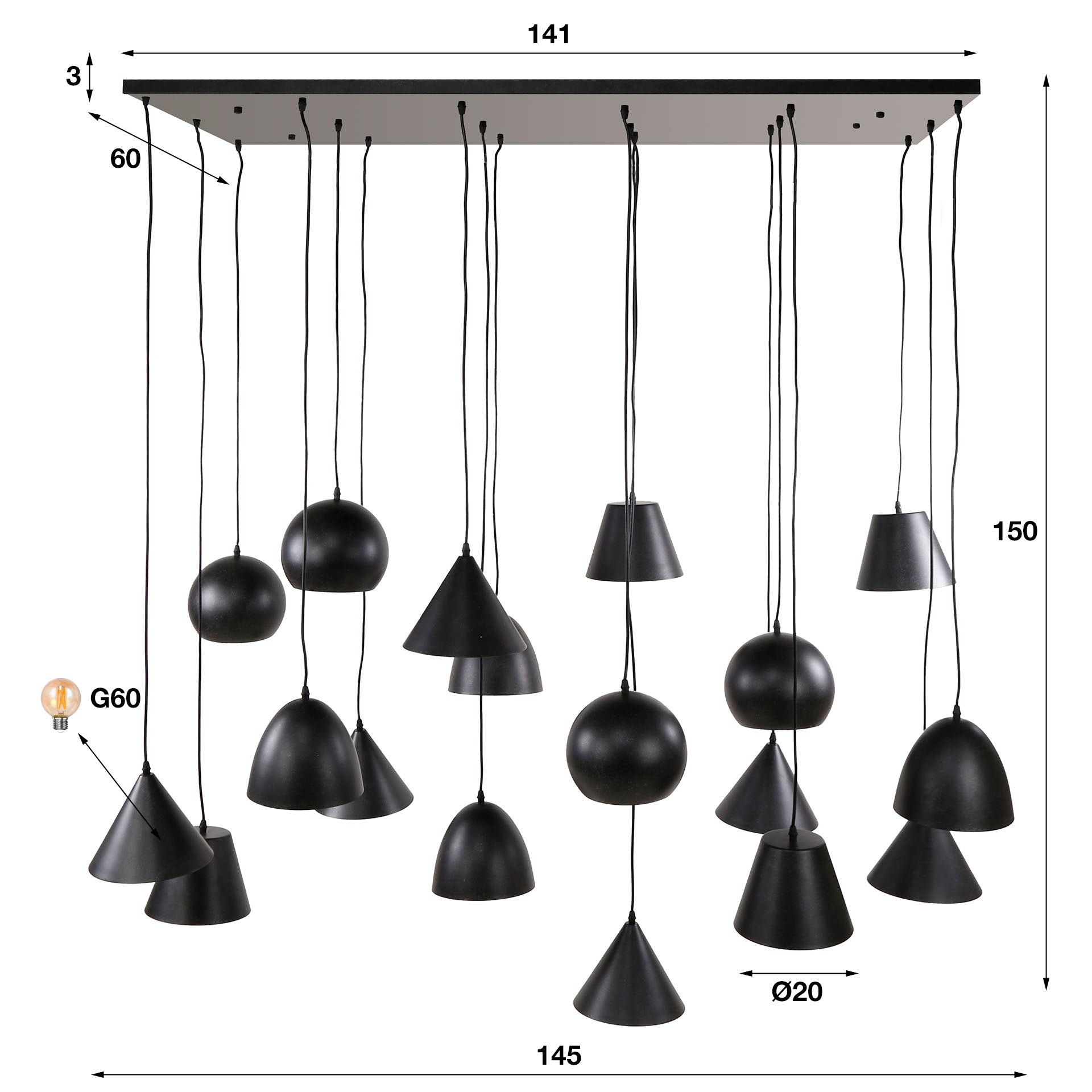Hanglamp Thalia - 18-lichts - Zwart - Metaal