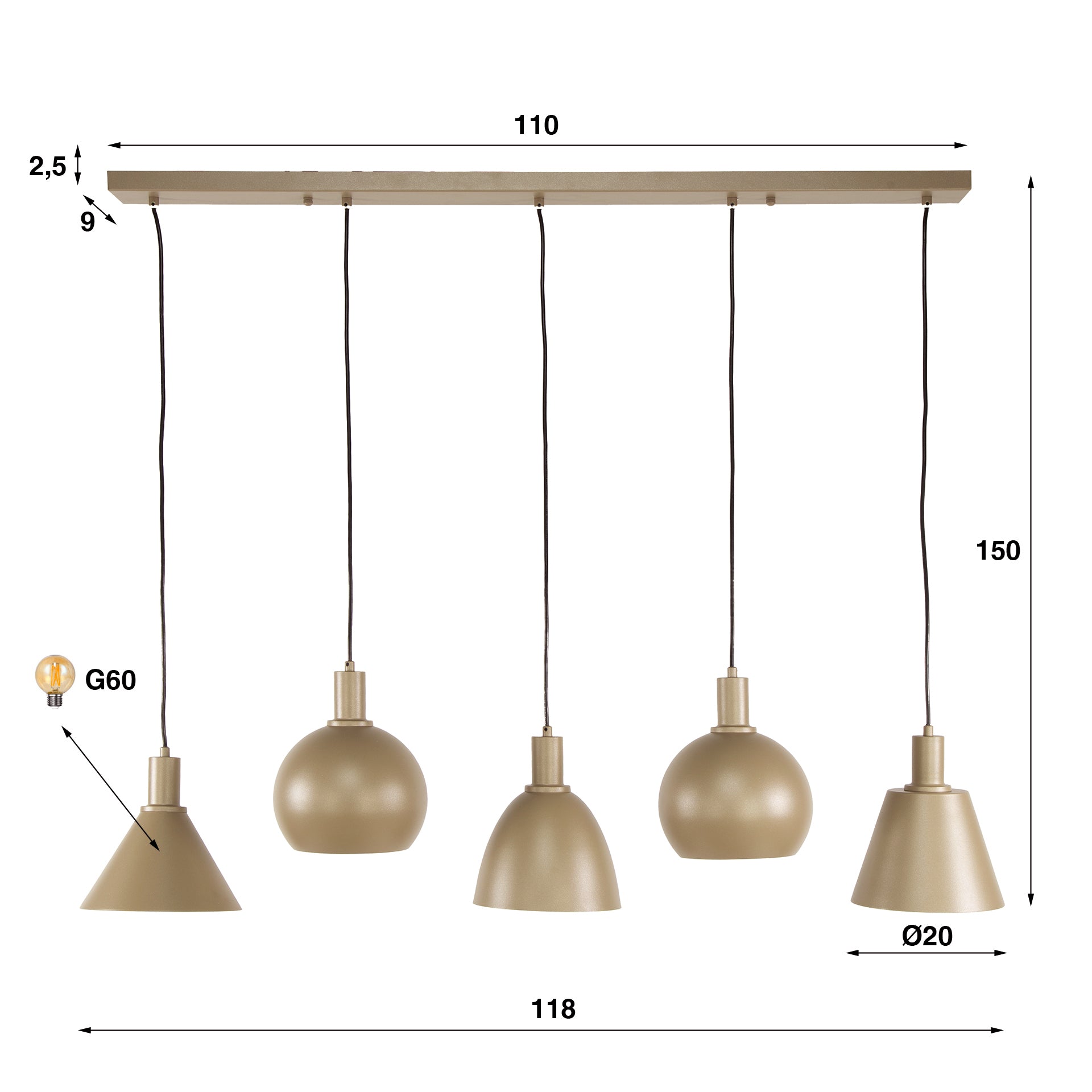 Hanglamp Lumeo - 5-lichts - Beige - Metaal