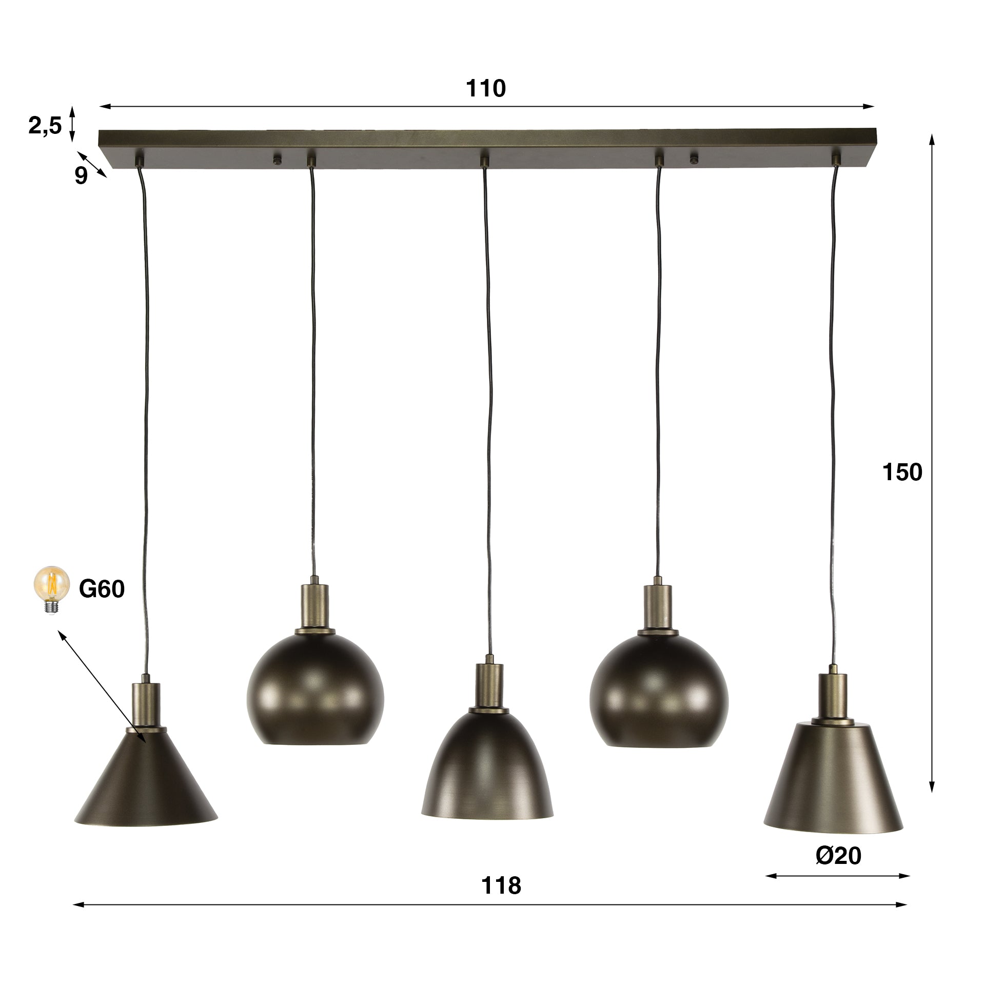 Hanglamp Lumeo - 5-lichts - Brons - Metaal