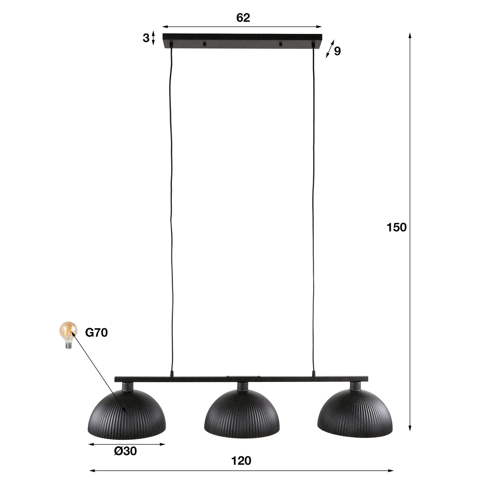 Hanglamp Calista - 3-lichts - Zwart - Metaal