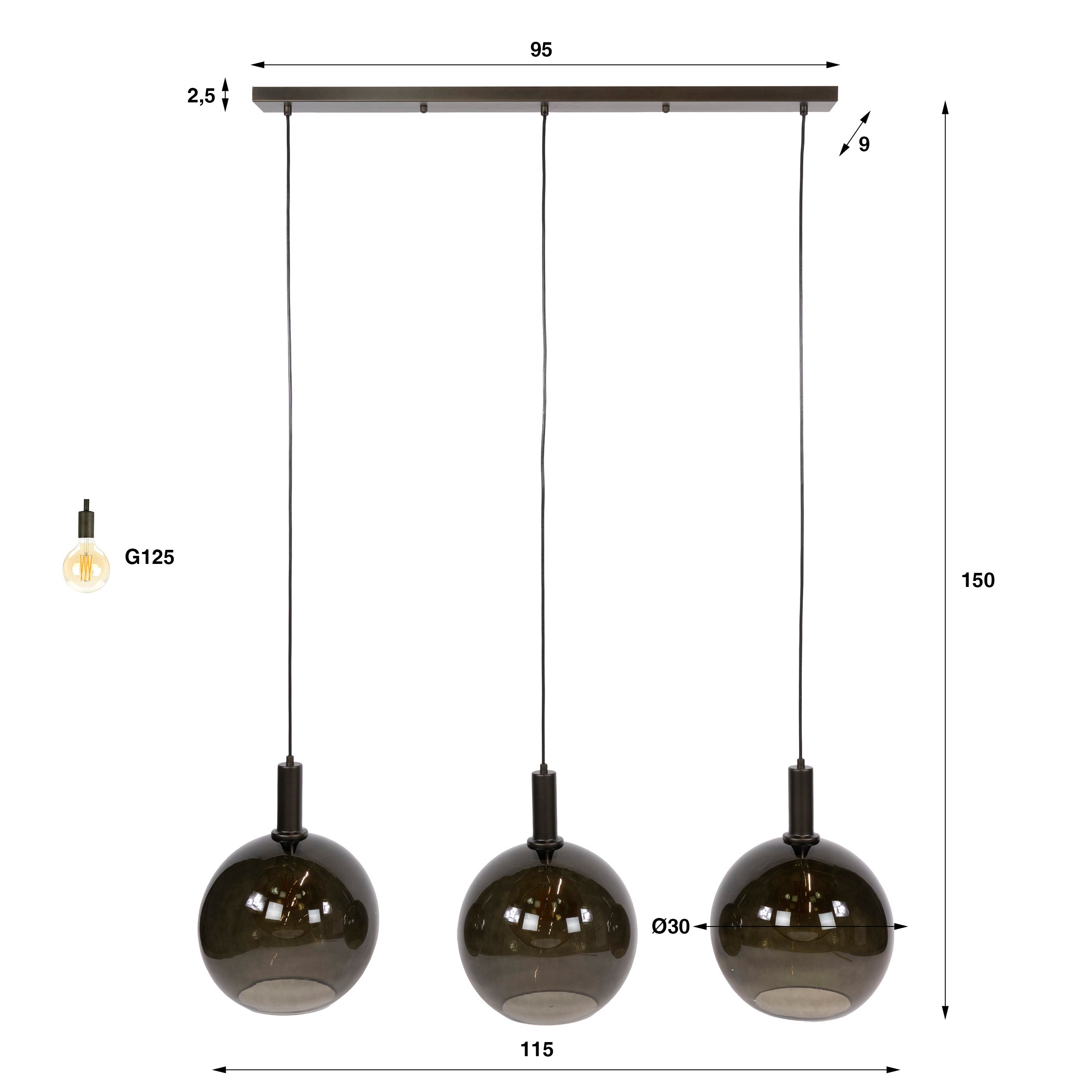 Hanglamp Sira - 3-lichts - Brons - Glazen Bollen