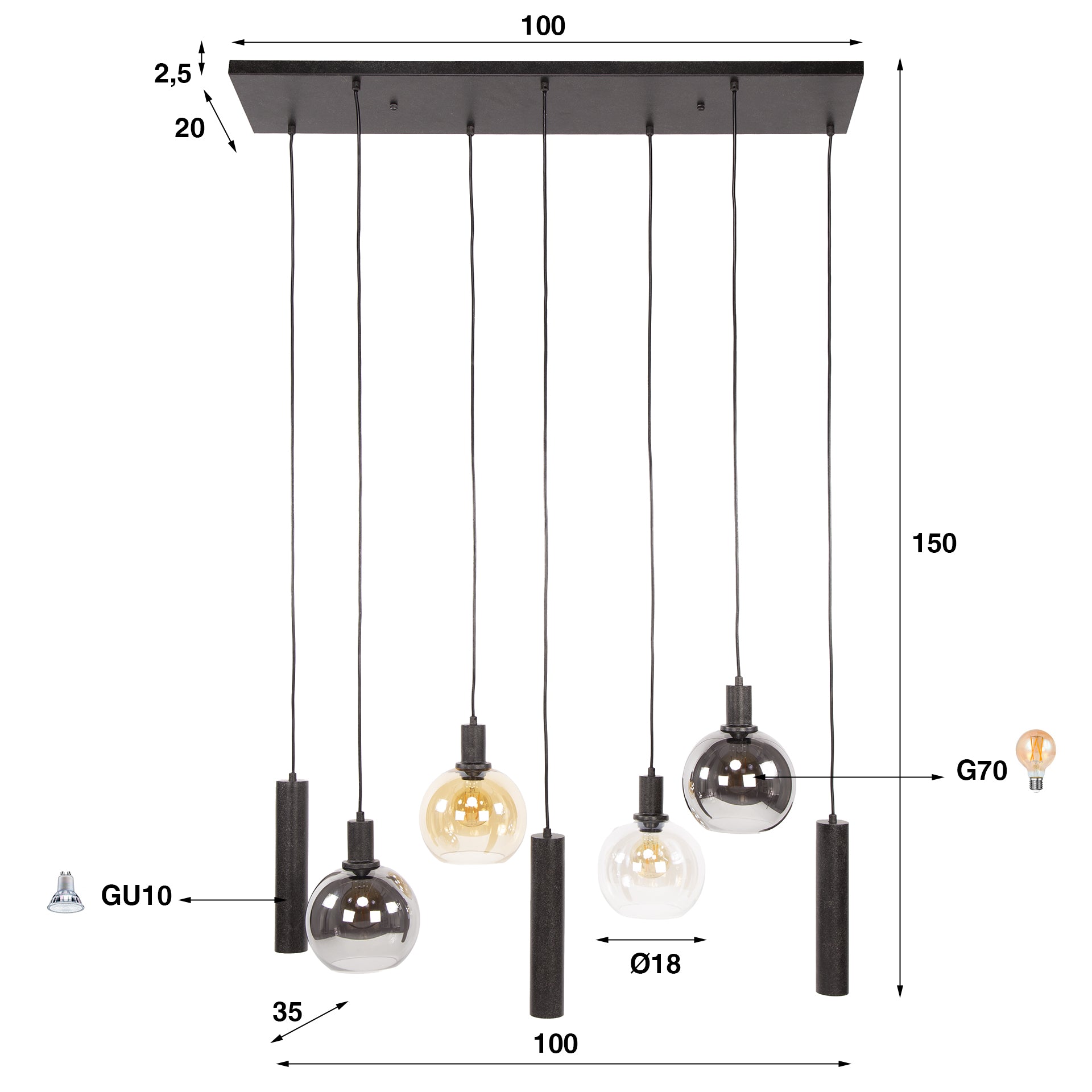 Hanglamp Elinor - 7-lichts - Amber Mix - Glas - Metaal