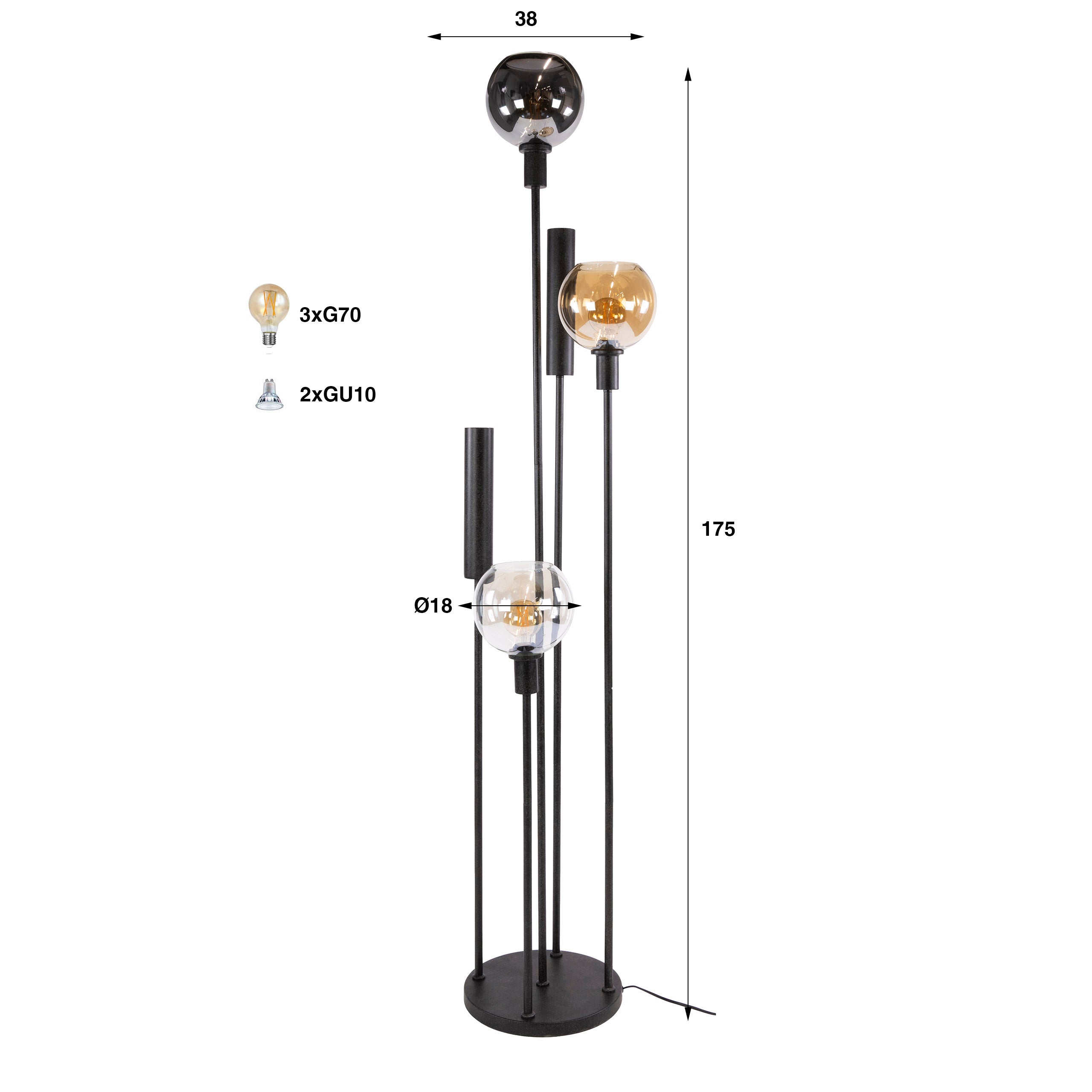 Vloerlamp Luneo - 5-lichts - Amber Mix - 175 cm - Met Spots