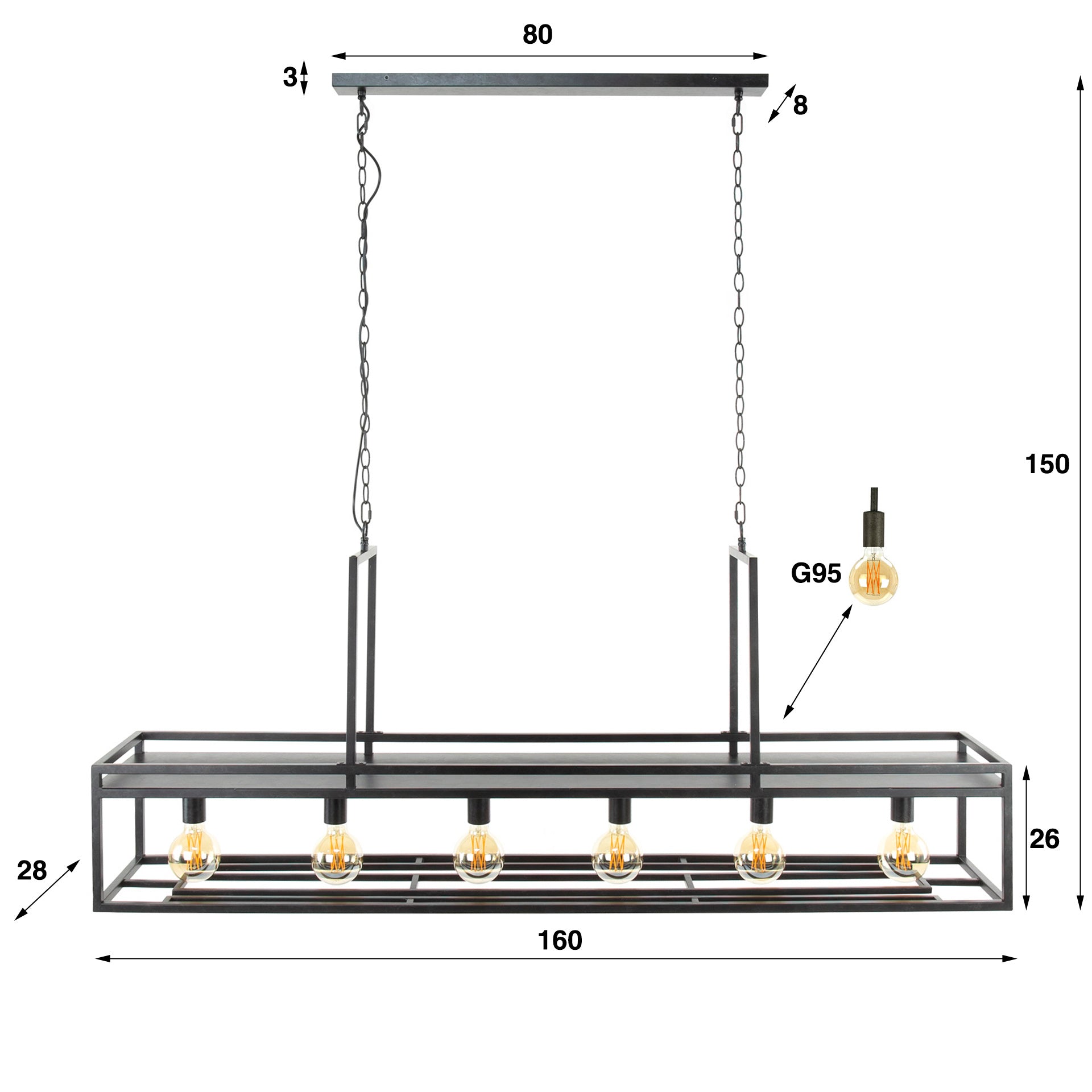 Hanglamp Hugo - 6-lichts - Antraciet - Metaal