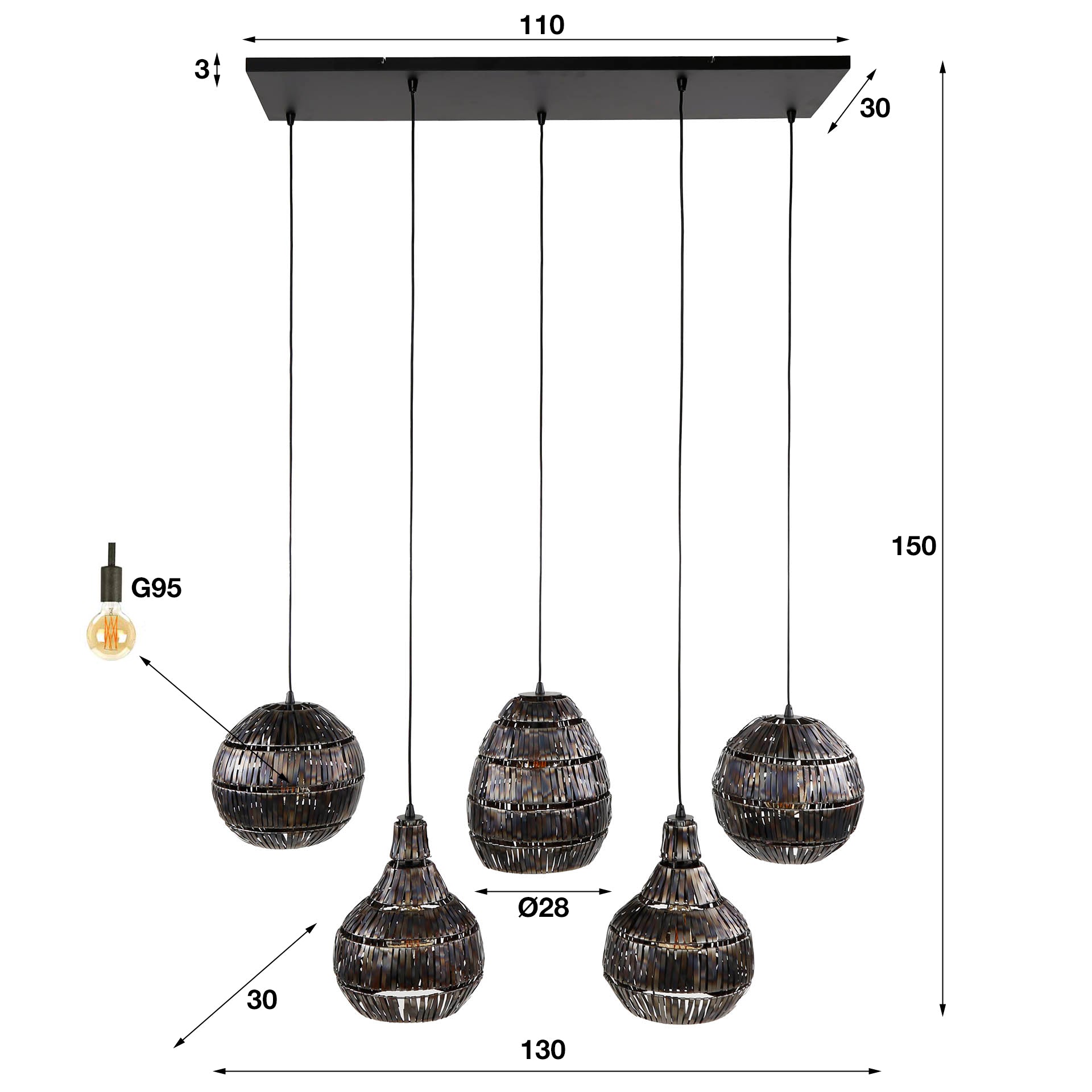 Hanglamp Onyx - 5-lichts - Zwart/Bruin - Metaal