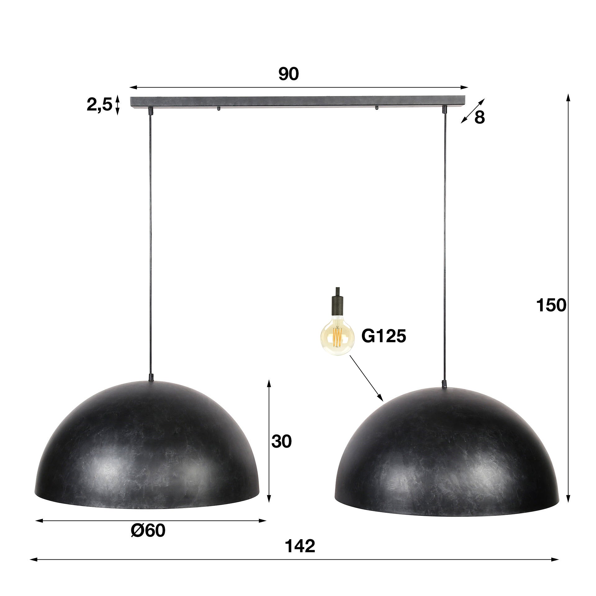 Hanglamp Dome - 2-lichts - Antraciet - Metaal