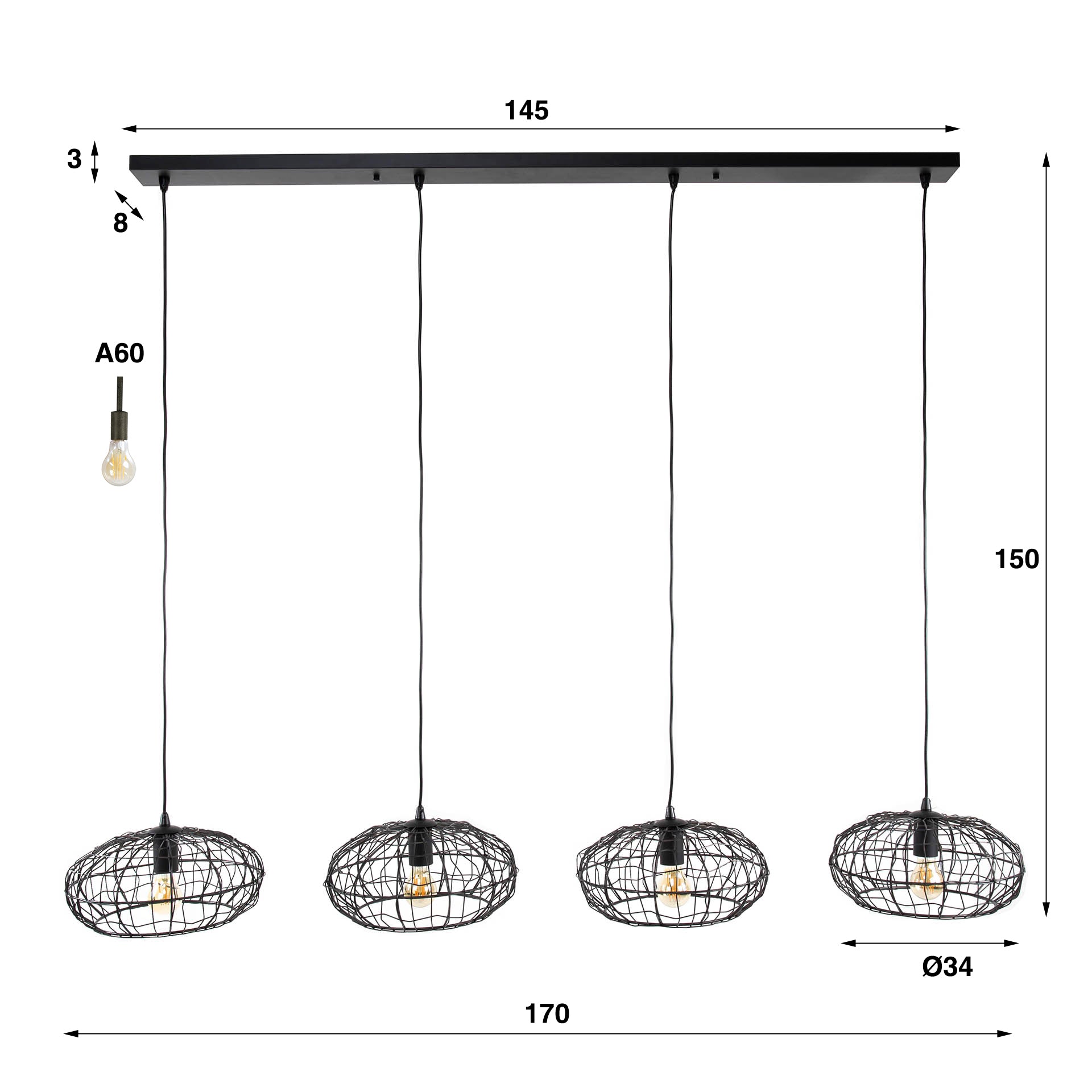 Hanglamp Sage - 4-lichts - Zwart/Bruin - Metaal