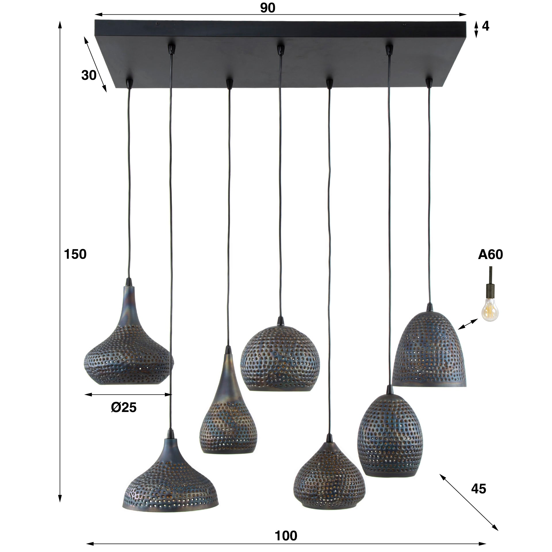 Hanglamp Scout - 7-lichts - Zwart/Bruin - Metaal