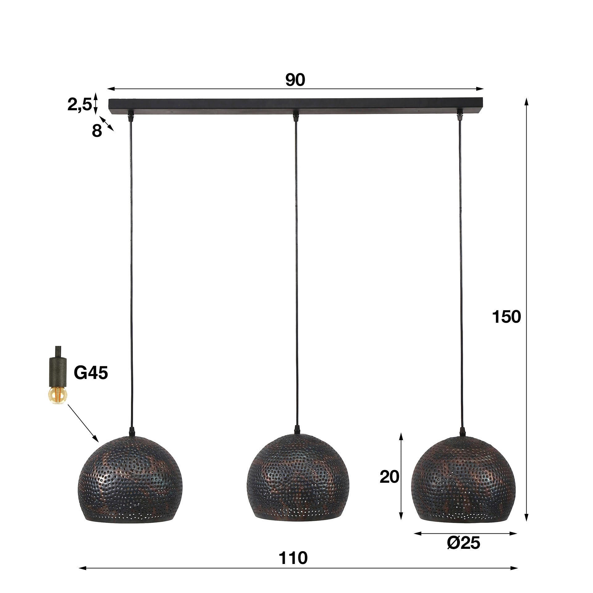 Hanglamp Rose - 3-lichts - Zwart/Bruin - Metaal