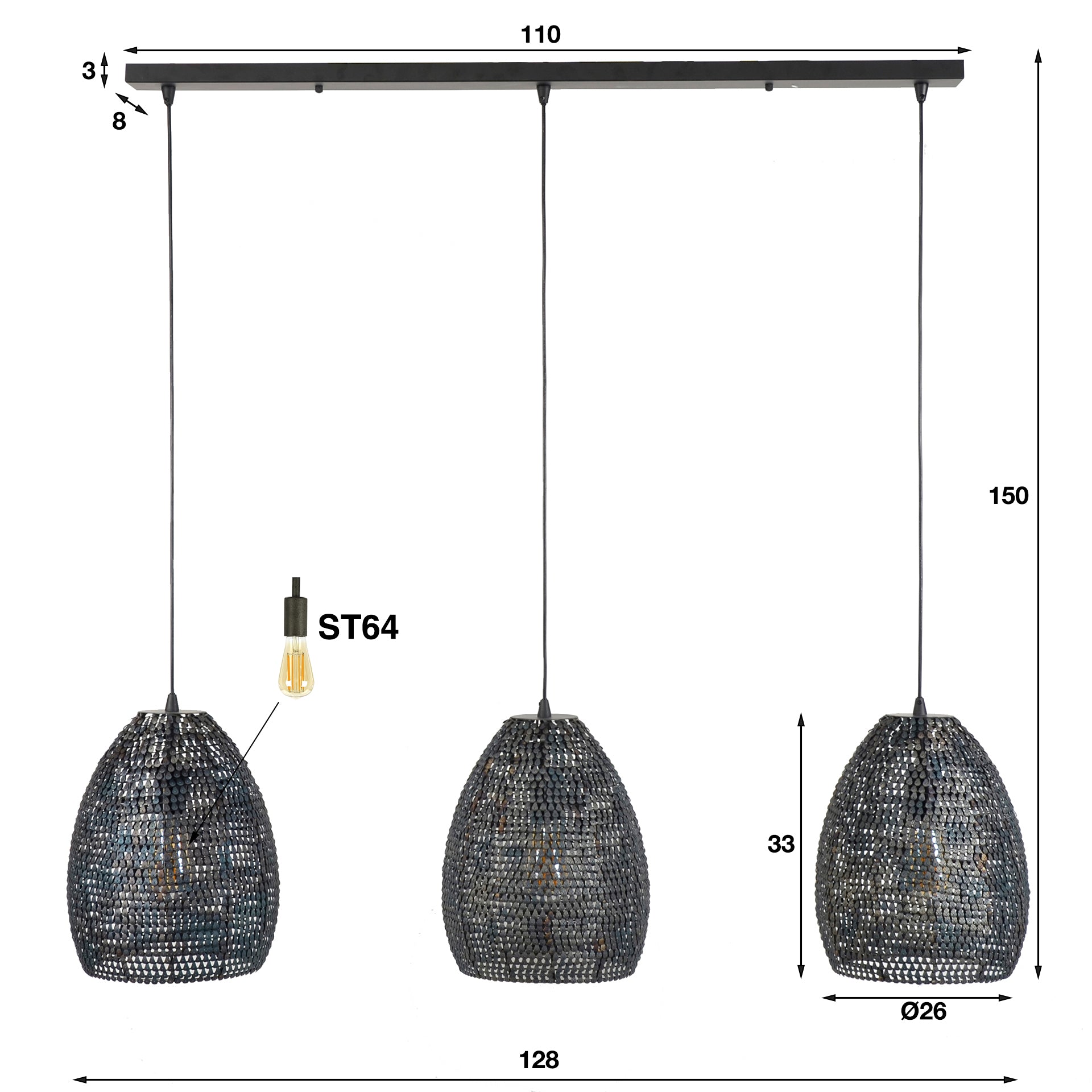 Hanglamp Fox - 3-lichts - Zwart/Bruin - Metaal