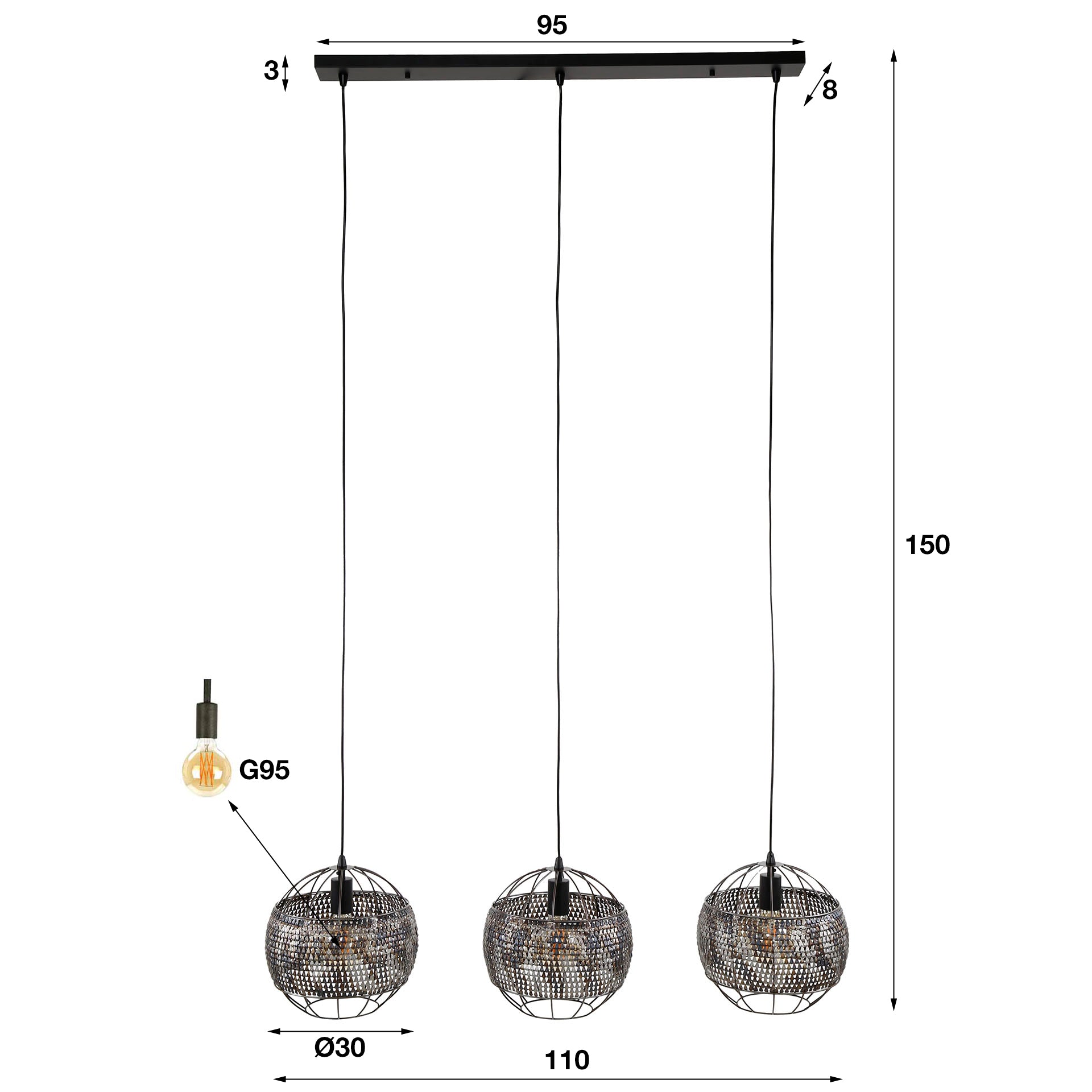 Hanglamp Juno - 3-lichts - Zwart/Bruin - Metaal