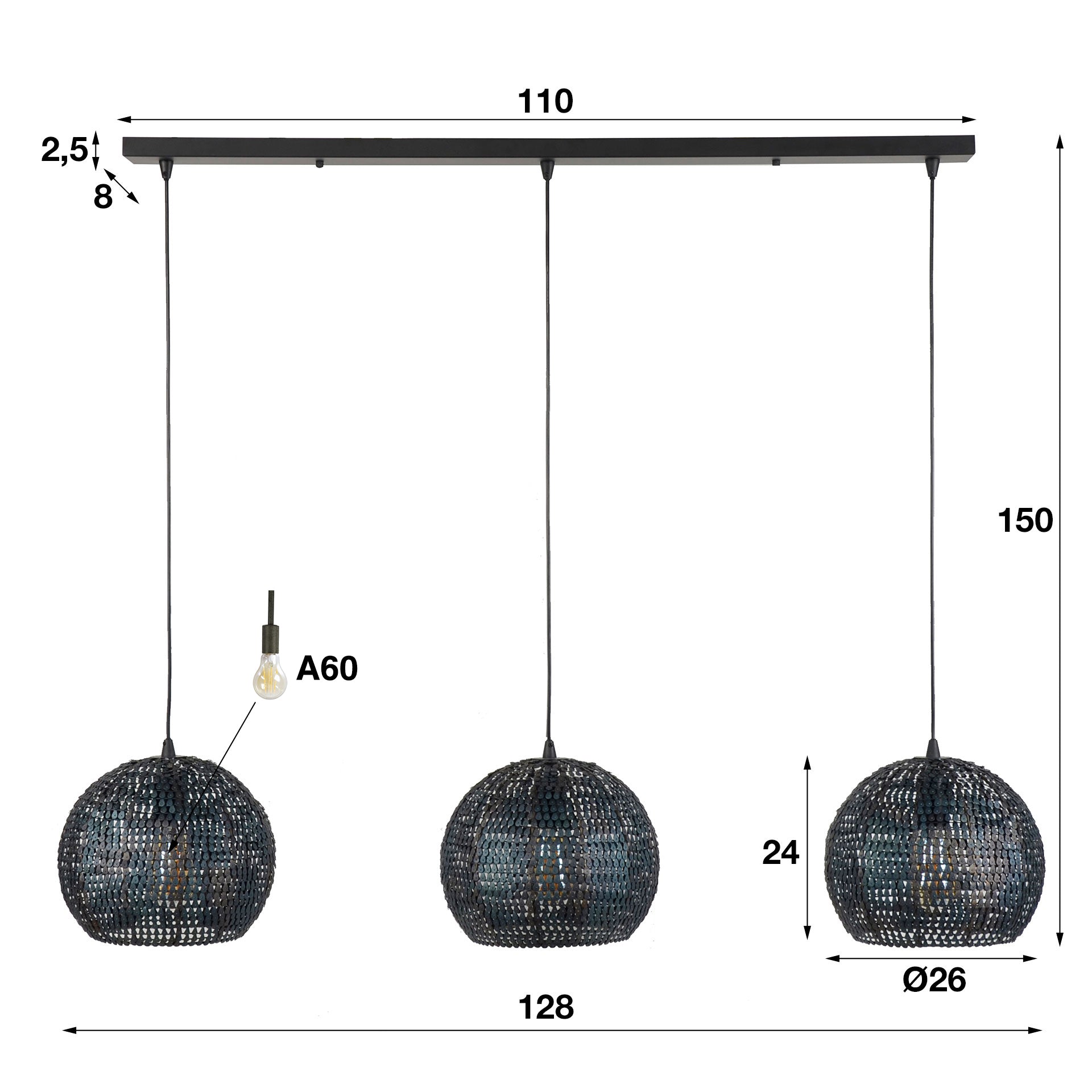 Hanglamp Storm - 3-lichts - Zwart/Bruin - Metaal