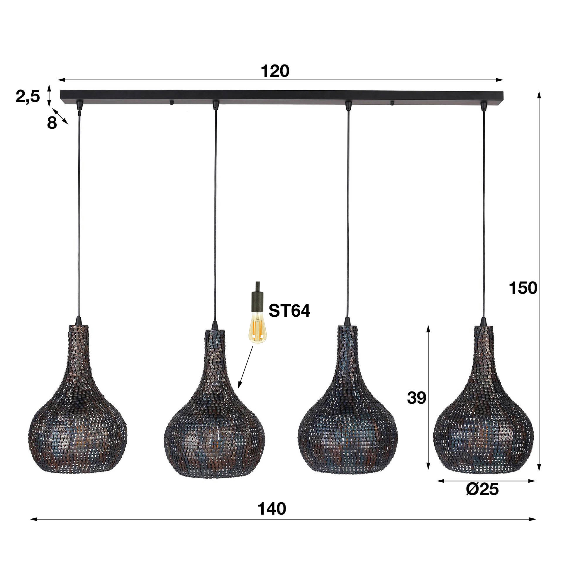 Hanglamp Nova - 4-lichts - Zwart/Bruin - Metaal