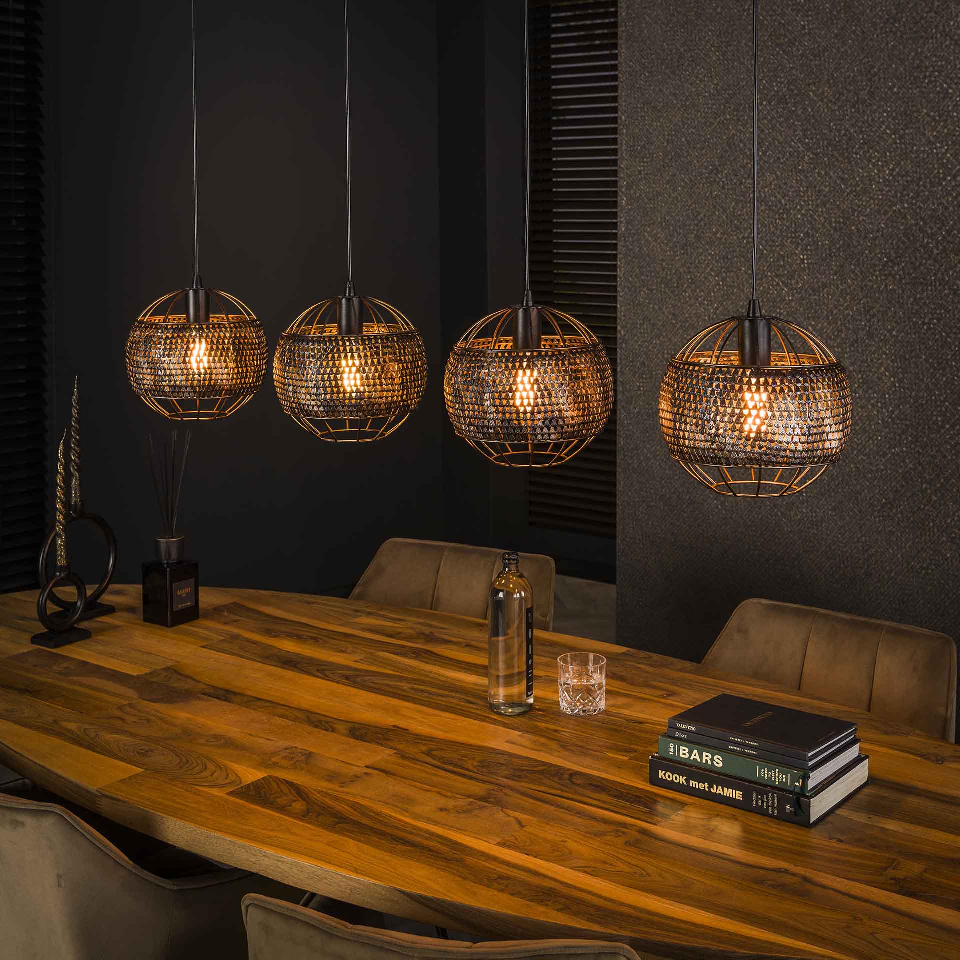Hanglamp Cory - 4-lichts - Zwart/Bruin - Metaal