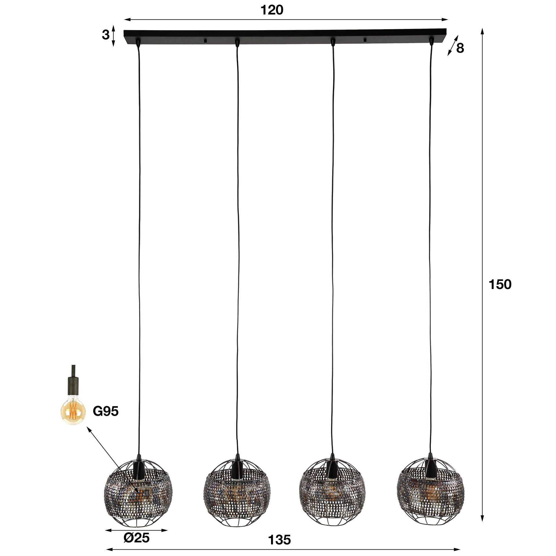 Hanglamp Cory - 4-lichts - Zwart/Bruin - Metaal