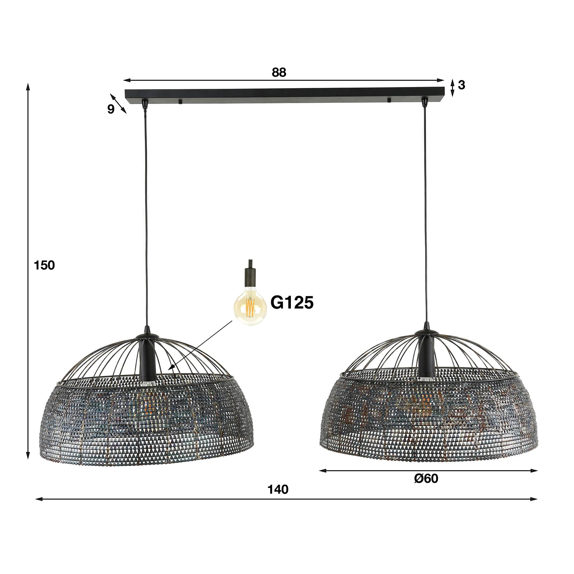 Hanglamp Boy - 2-lichts - Zwart/Bruin - Metaal