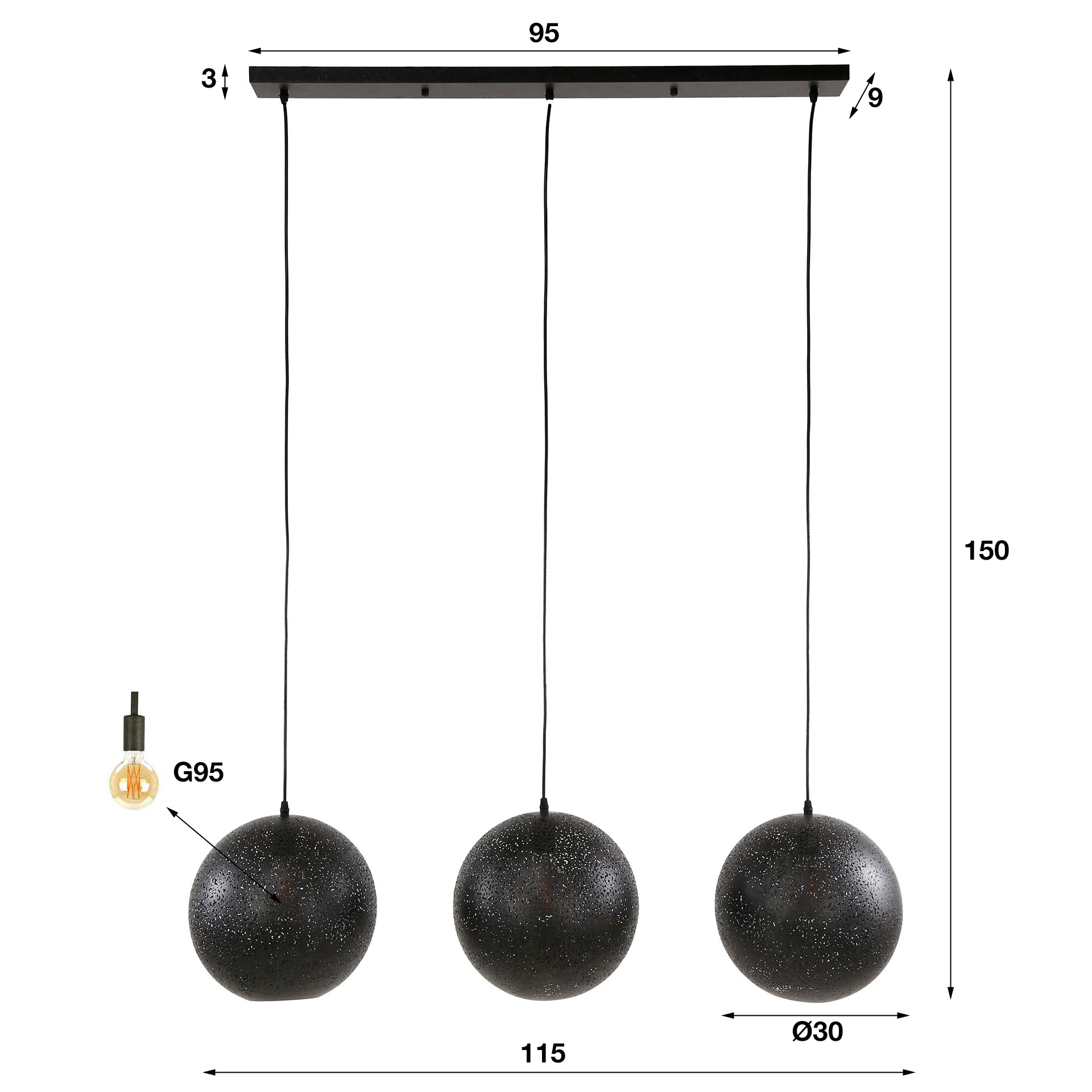 Hanglamp Elara - 3-lichts - Zwart - Metaal