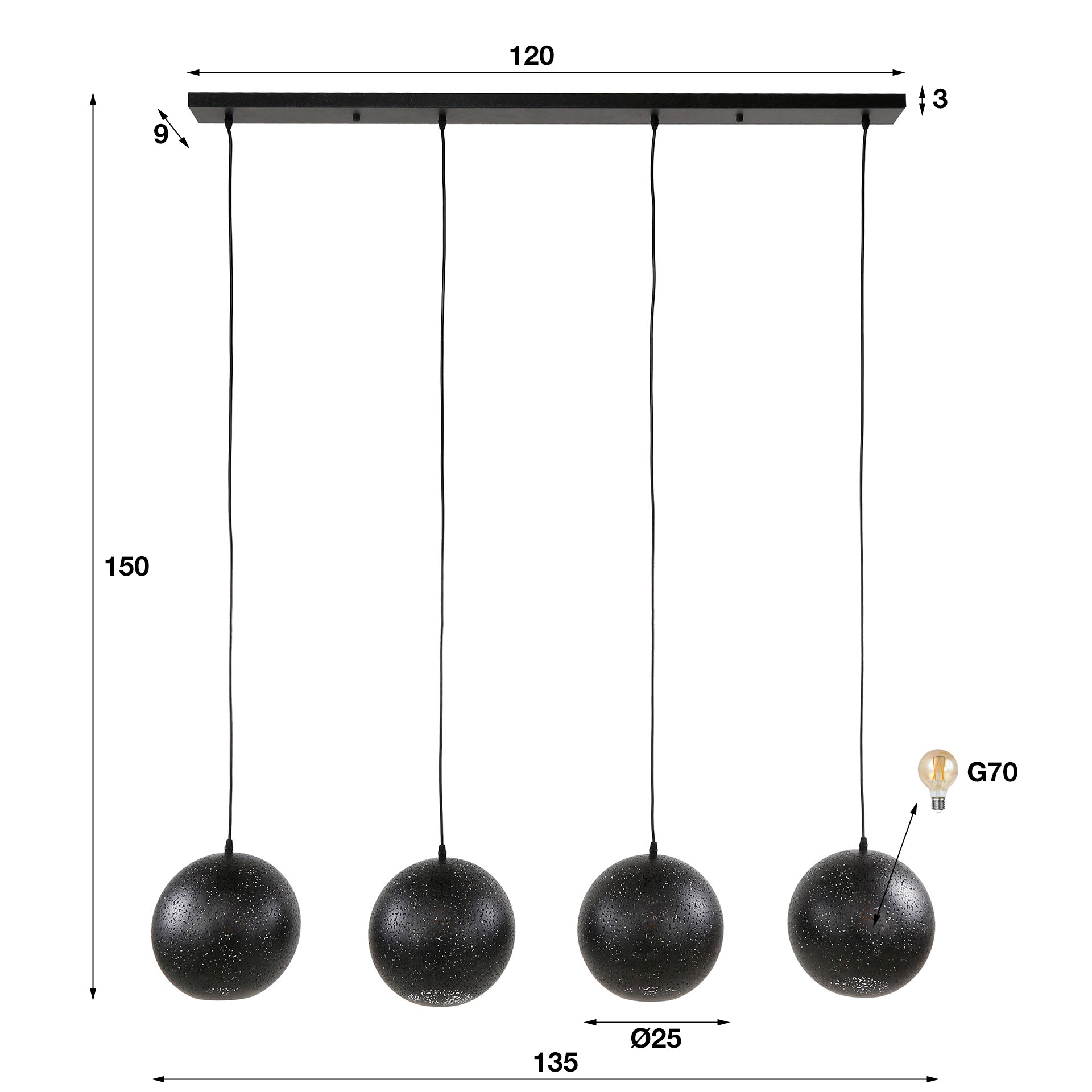 Hanglamp Jaimy - 4-lichts - Zwart - Metaal