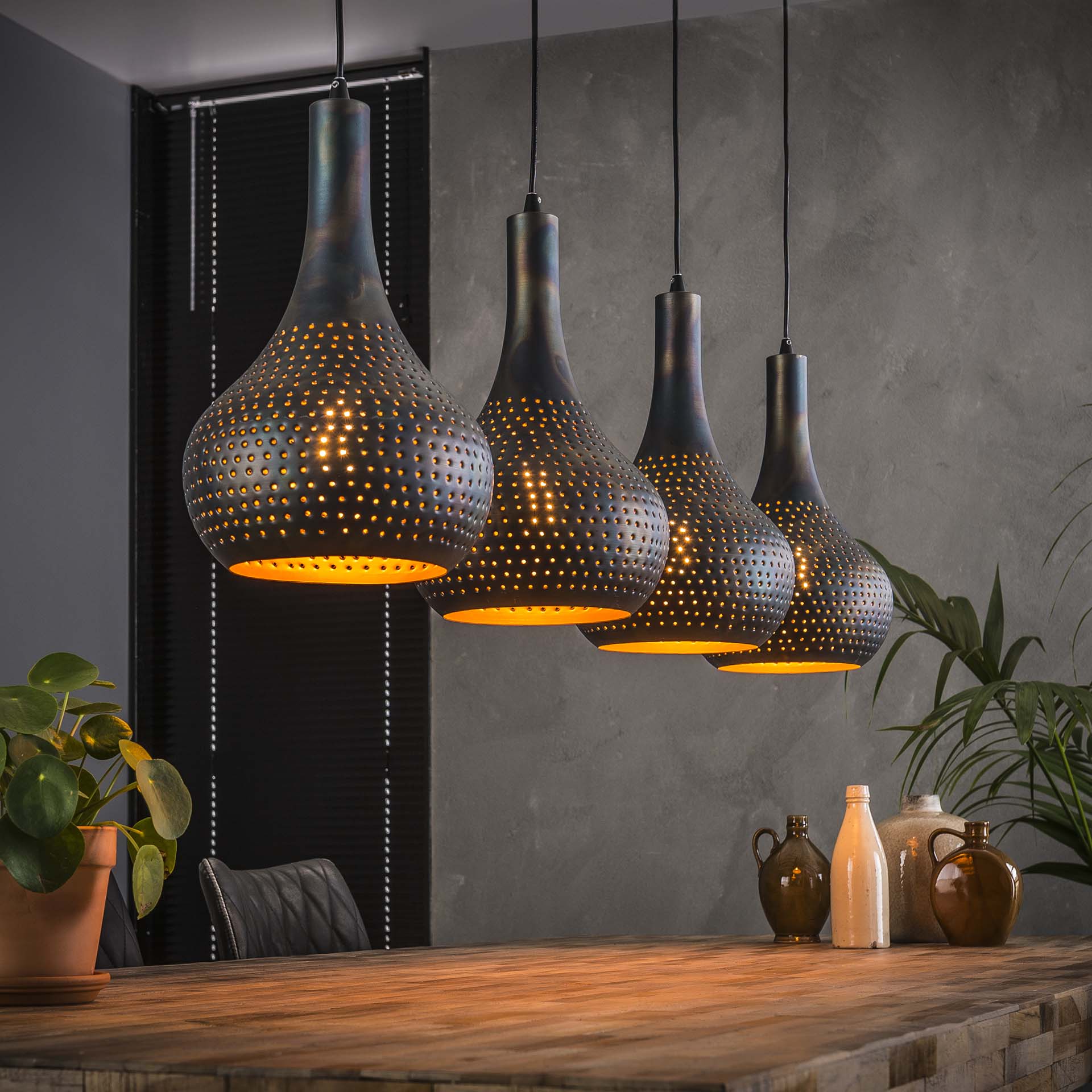 Hanglamp Drew - 4-lichts - Zwart/Bruin - Metaal