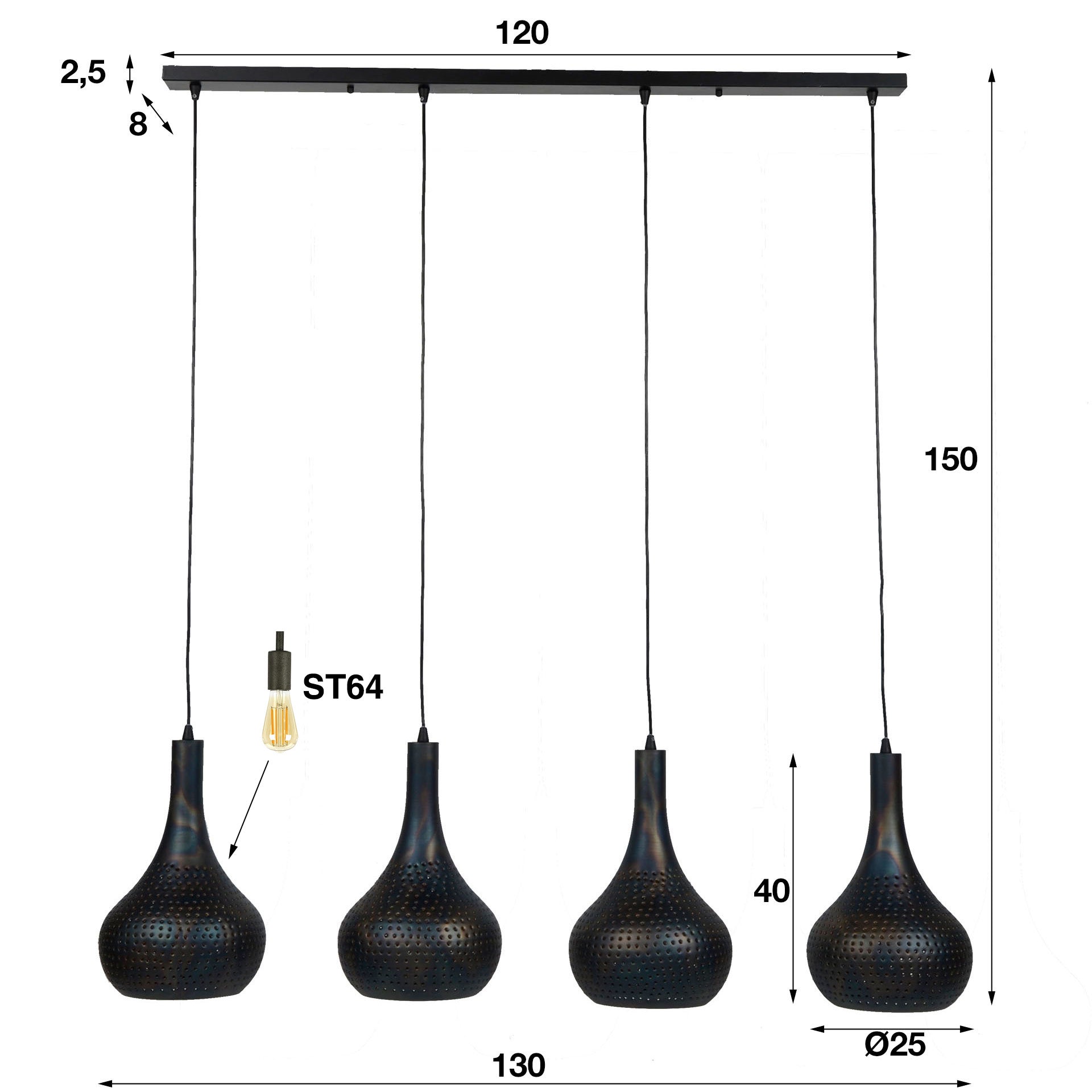 Hanglamp Drew - 4-lichts - Zwart/Bruin - Metaal