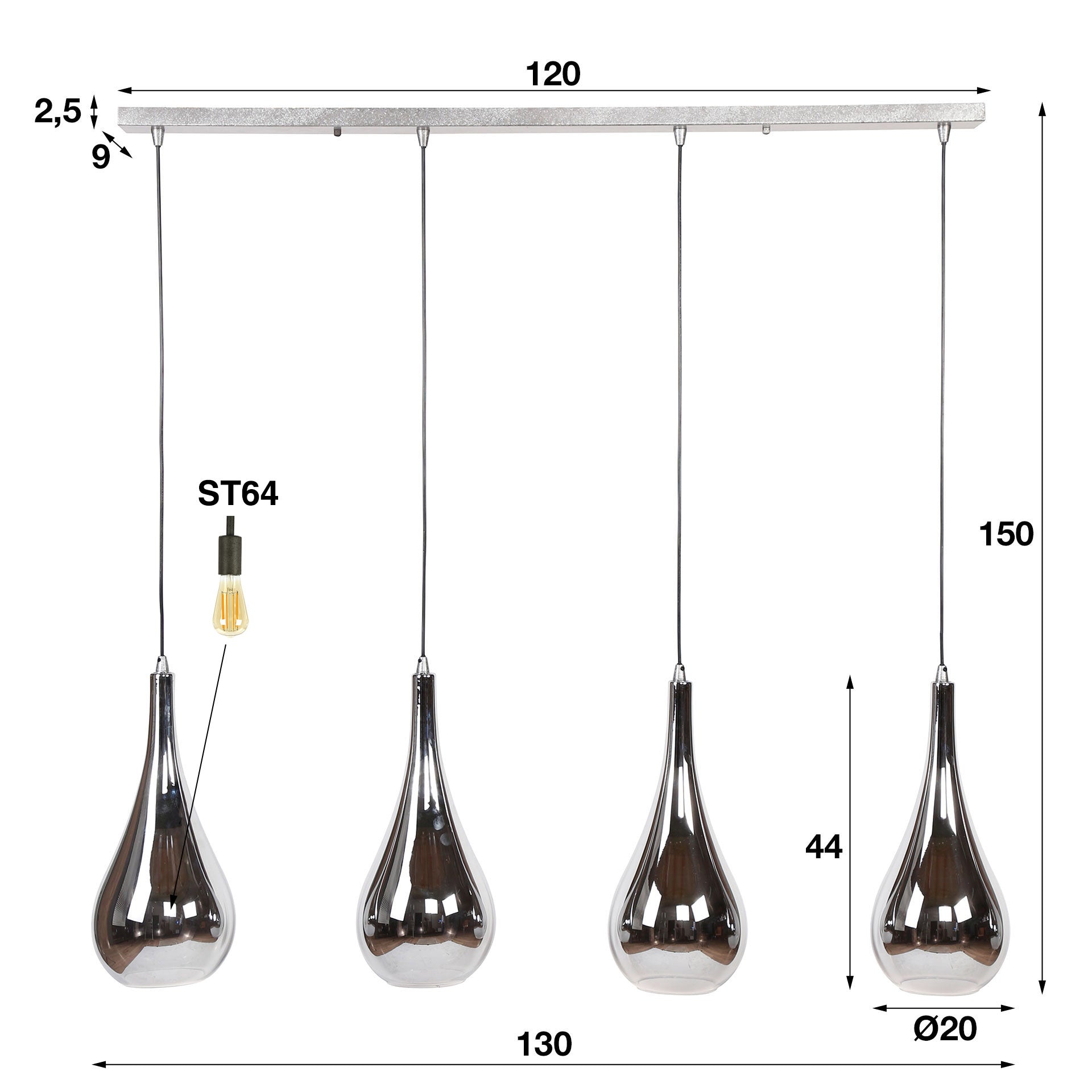 Hanglamp Ollie - 4-lichts - Chrome - Glas