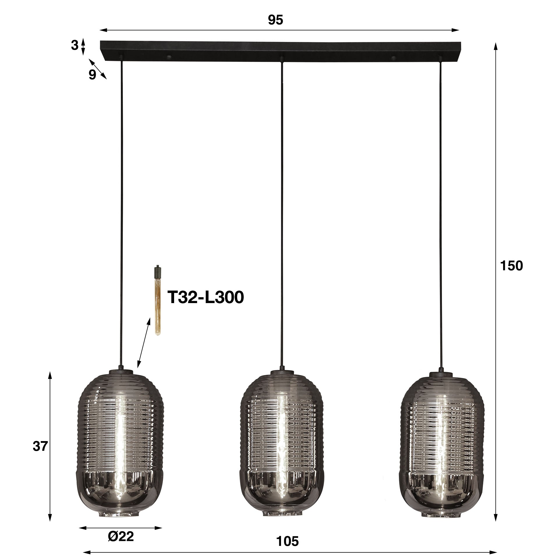 Hanglamp Vesper - 3-lichts - Chrome - Glas