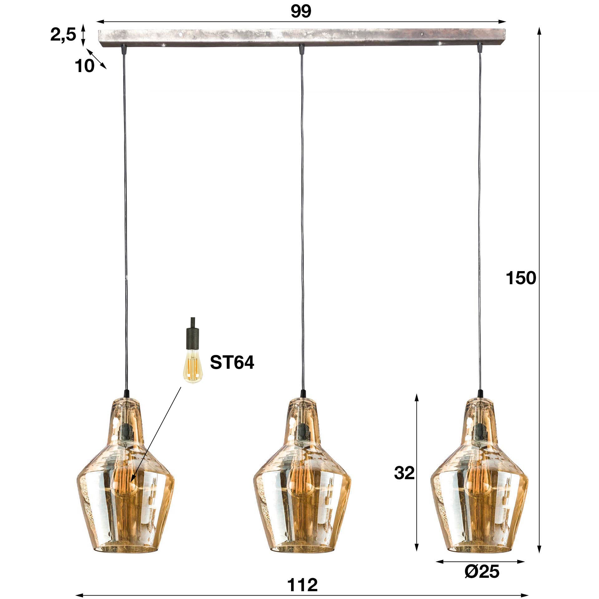 Hanglamp Chloe - 3-lichts - Amberkleurig - Glas