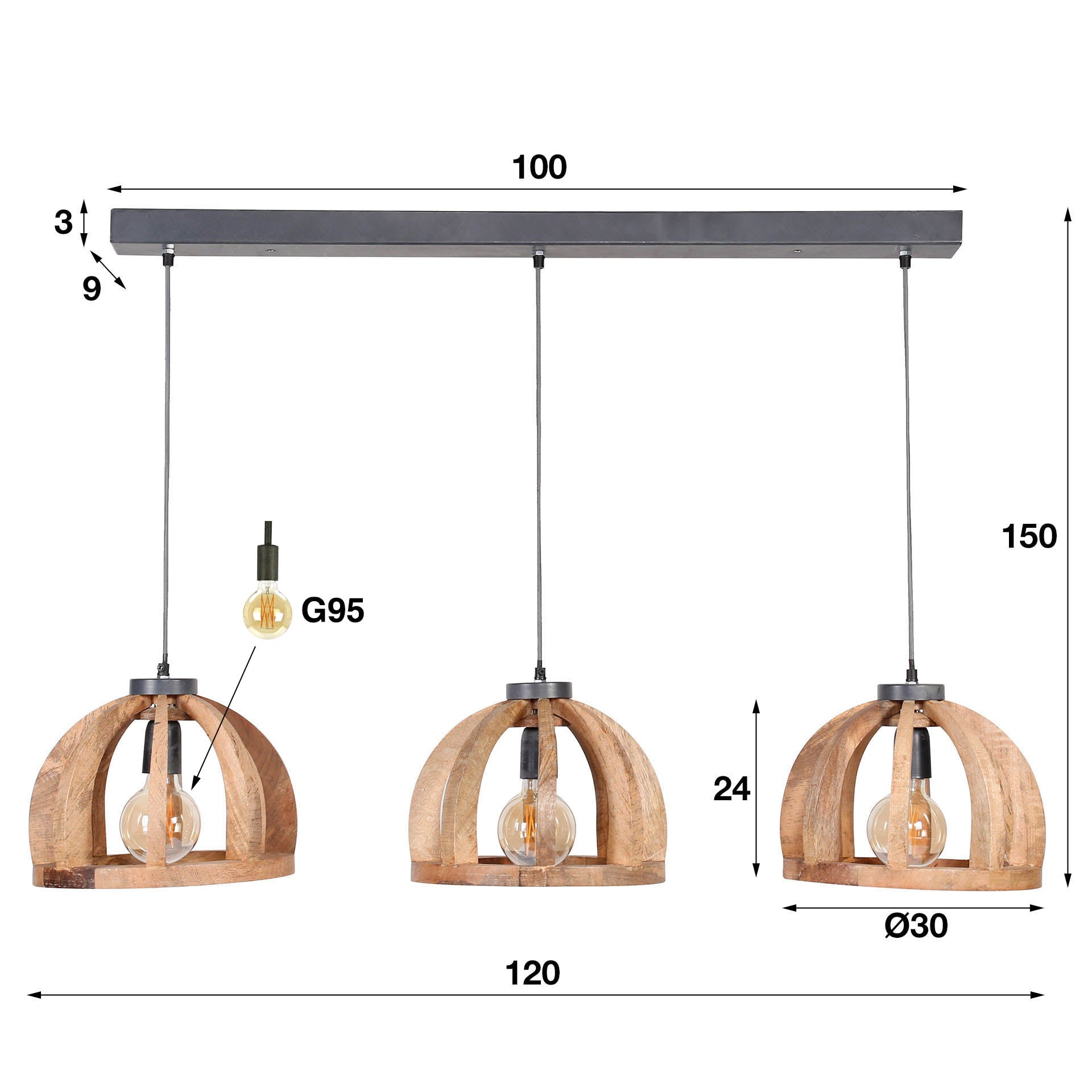 Hanglamp Corin - 3-lichts - Lichtbruin - Mangohout