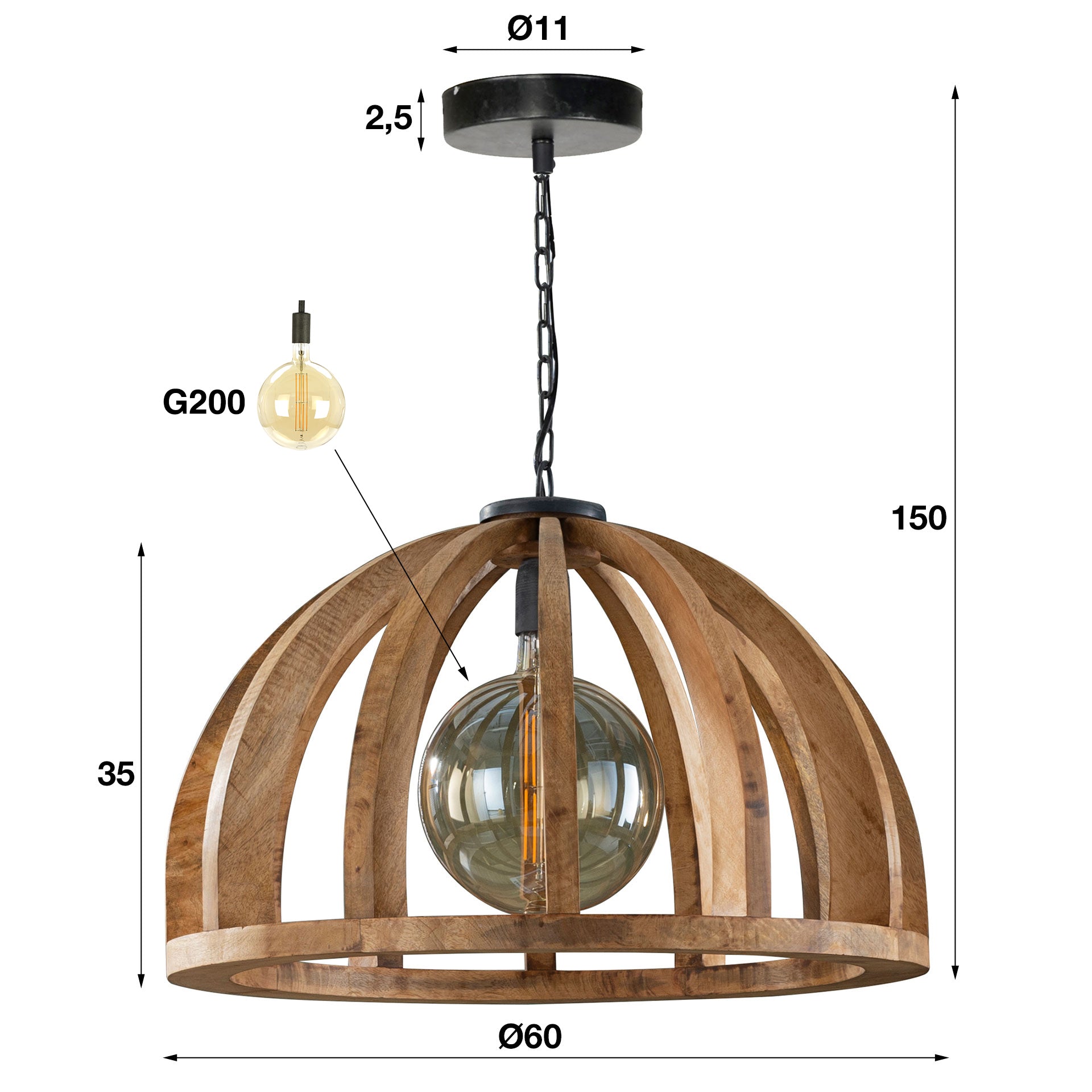 Hanglamp Split - 1-lichts - Lichtbruin - Mangohout