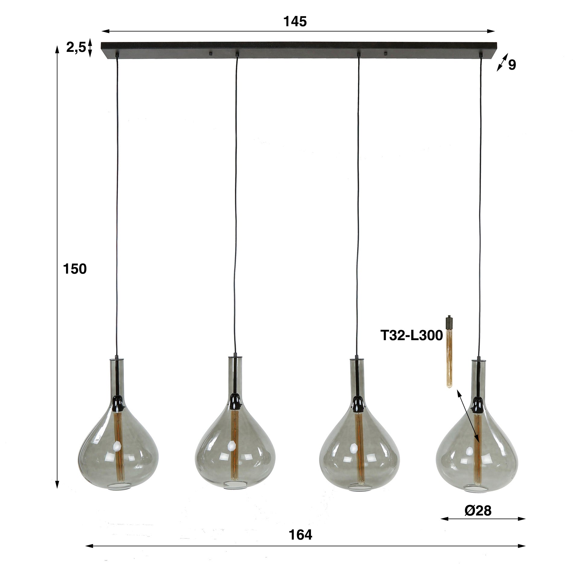 Hanglamp Breck - 4-lichts - Smoke - Glas