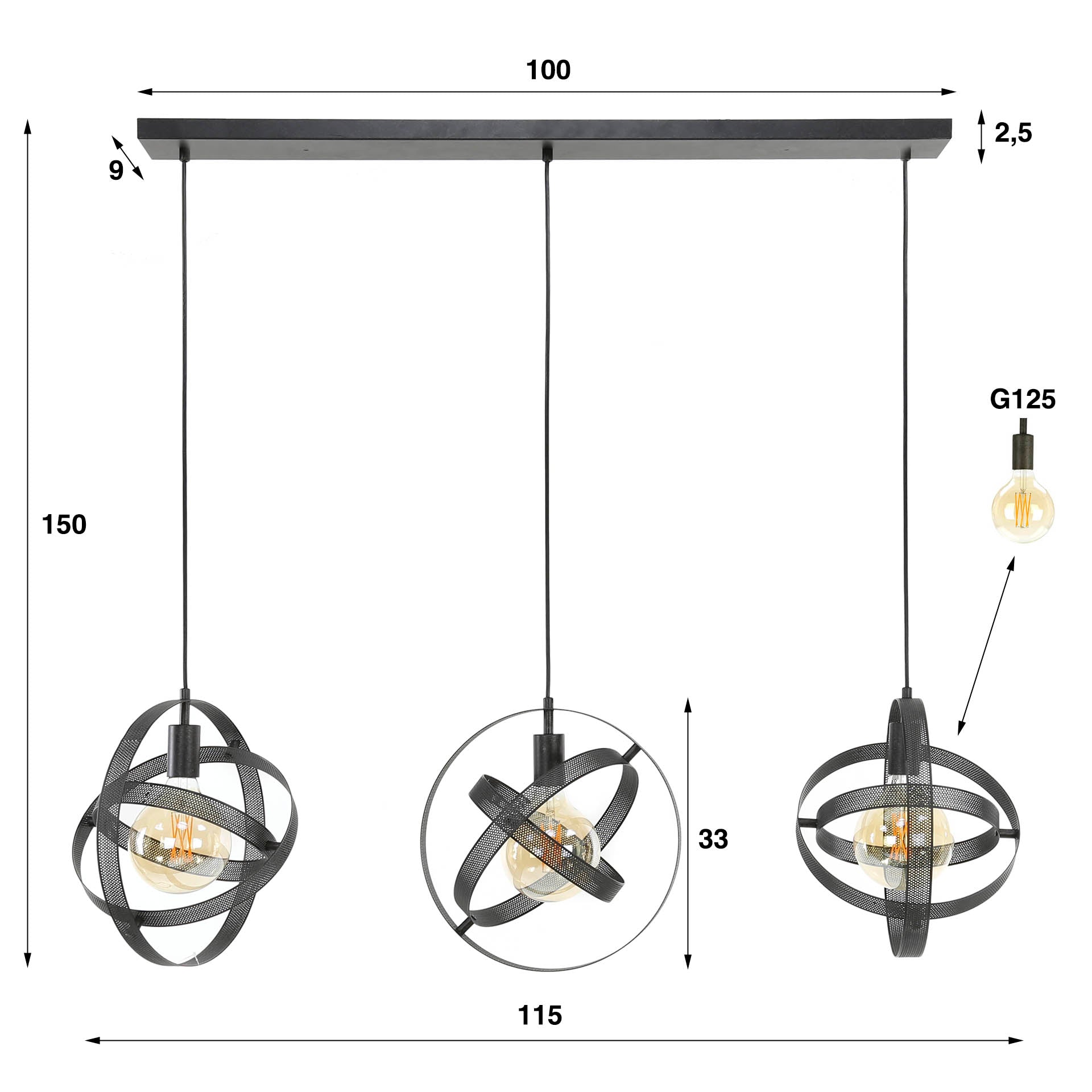 Hanglamp Iver - 3-lichts - Zwart - Mesh