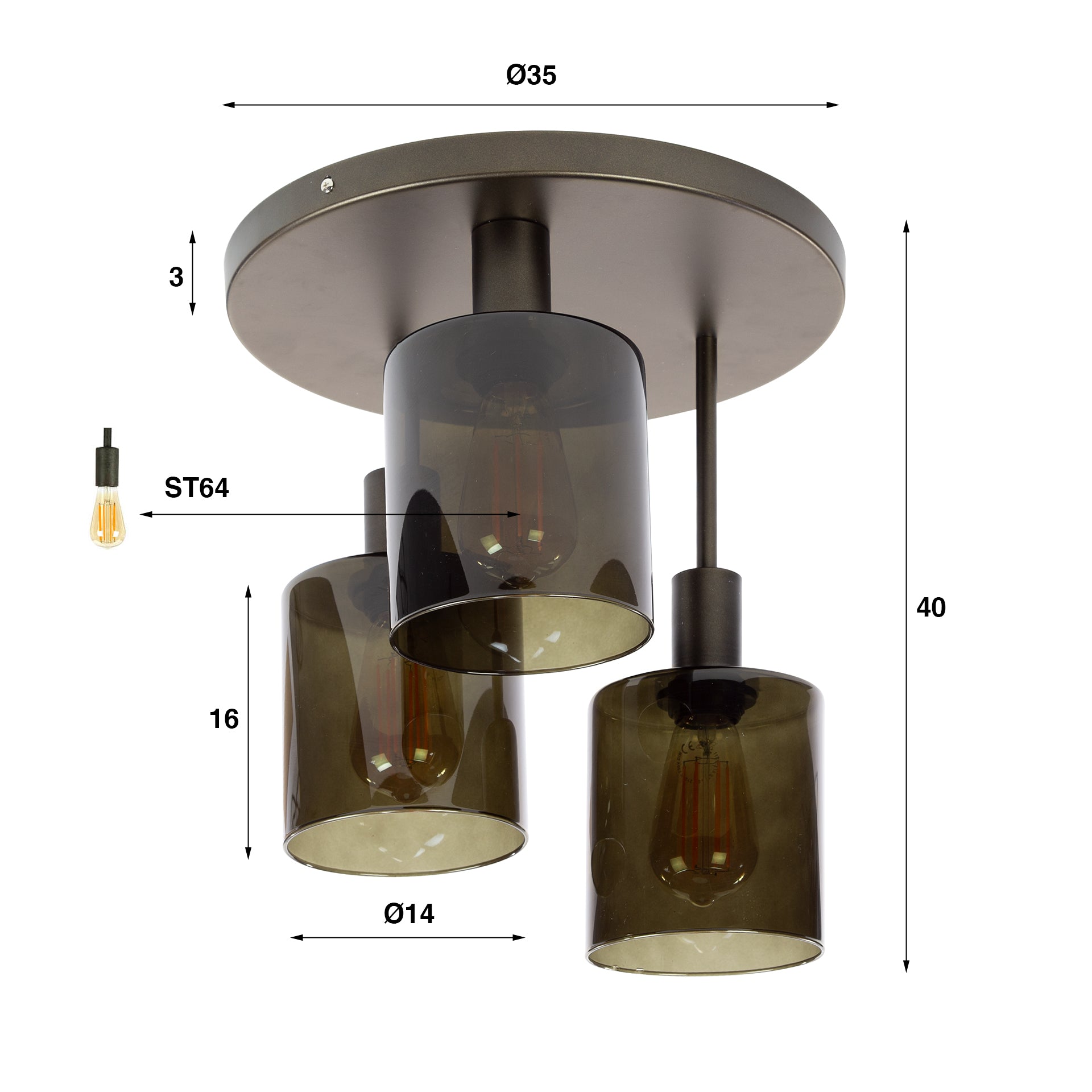 Plafondlamp Lucaro - 3-lichts - Brons - Glas