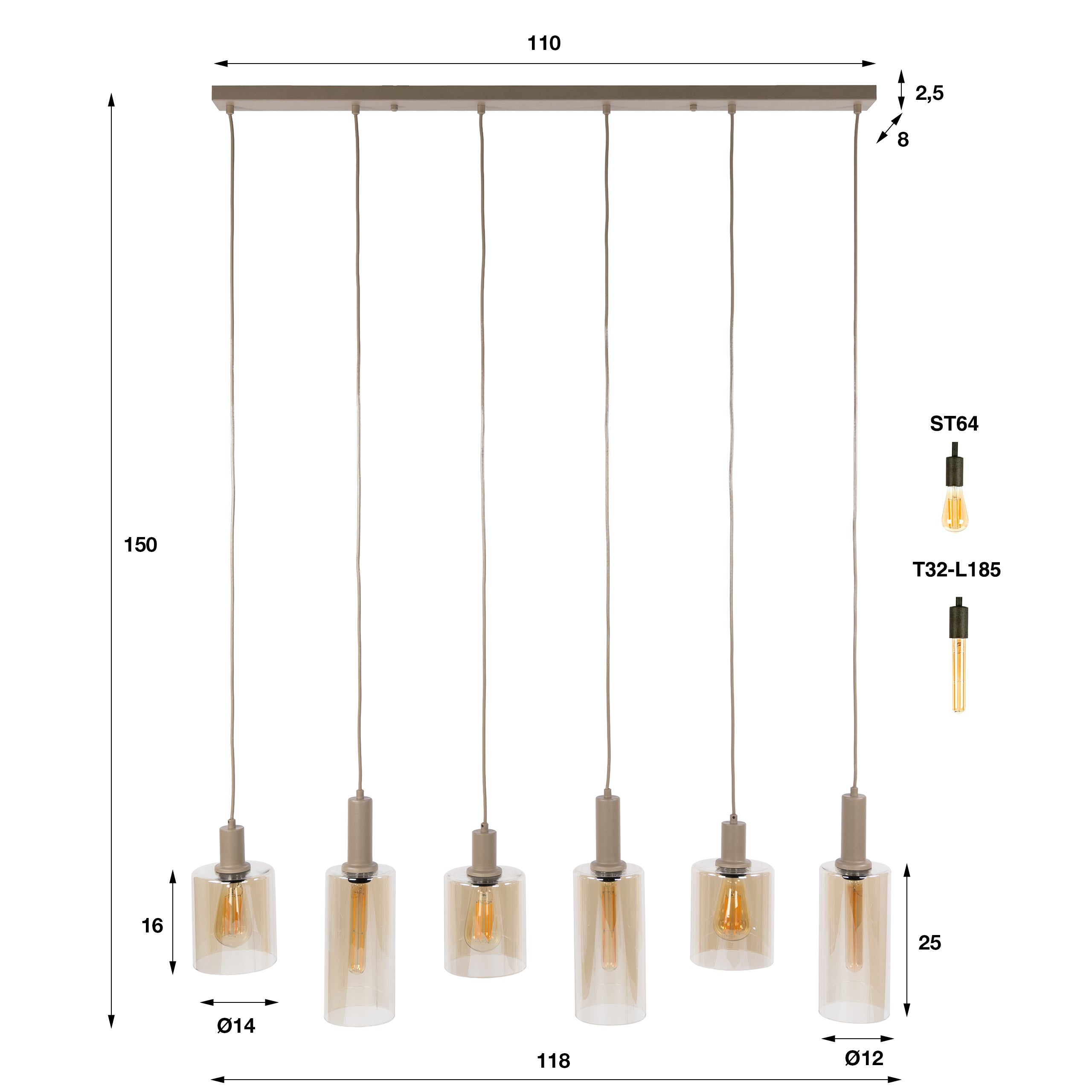 Hanglamp Lucaro - 6-lichts - Beige - Amberglas