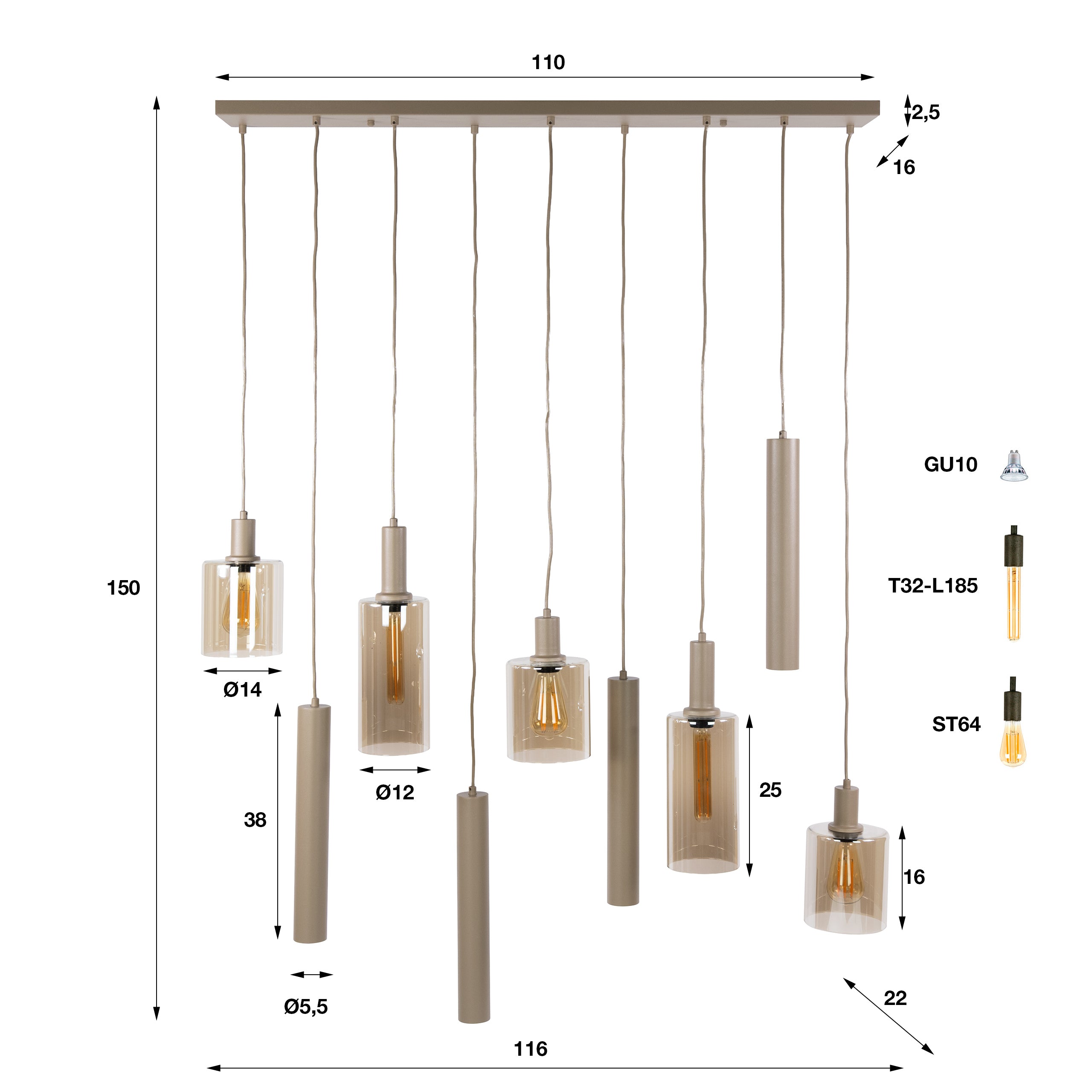 Hanglamp Lucaro - 9-lichts - Beige - Amberglas - Met Spots