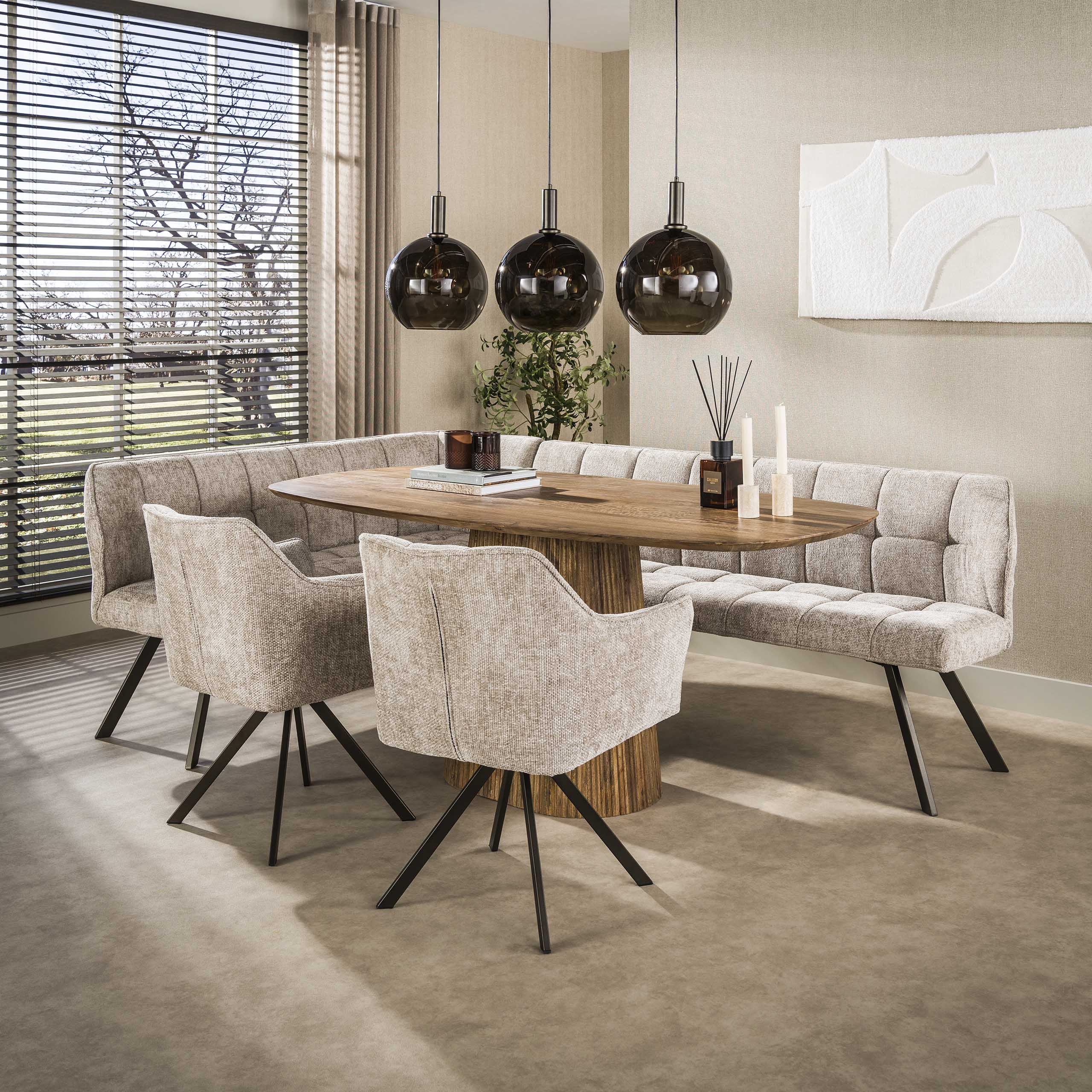Eetkamerbank Vantage Hoek Links Beige Renegade Stof 240 cm Met Eetkamerstoelen Meubelista
