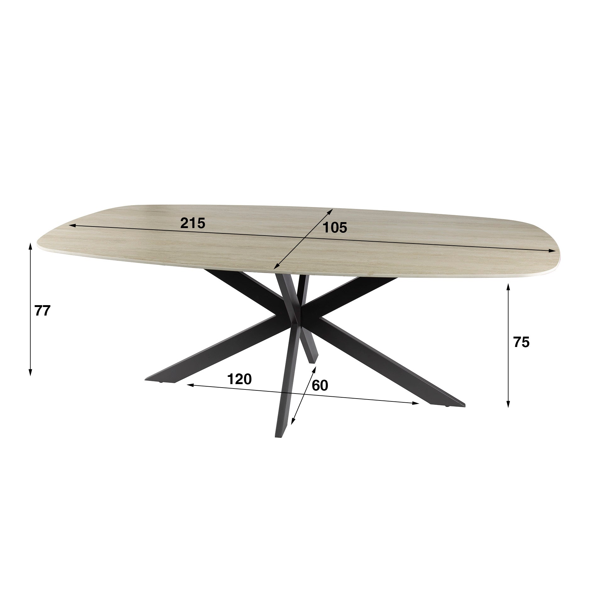 Eettafel Lucca Ivoor Keramisch Travertijn 215 cm Deens Ovaal Meubelista Afmetingen