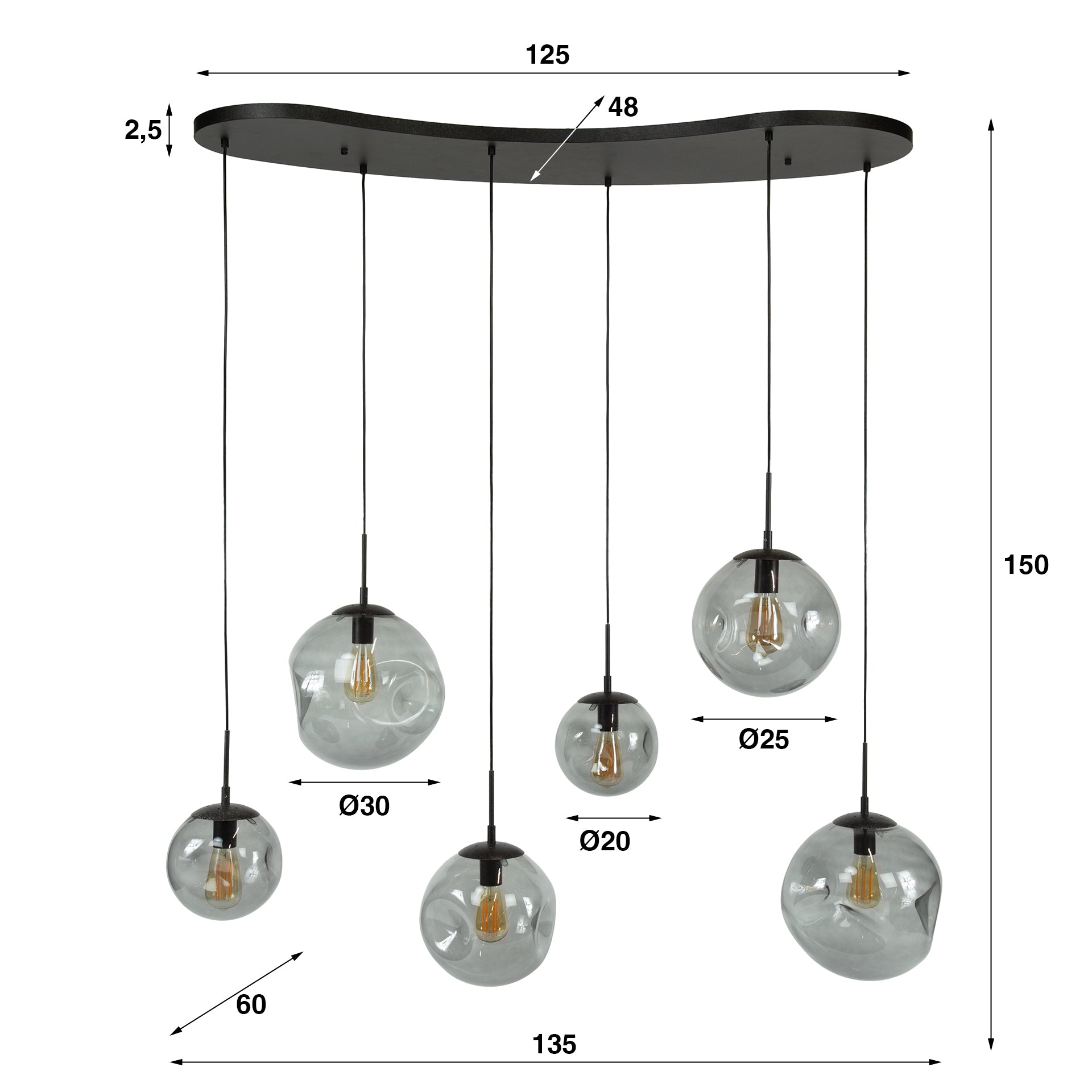 Hanglamp Celora 6-lichts Smoke Glazen Bollen Meubelista Afmetingen