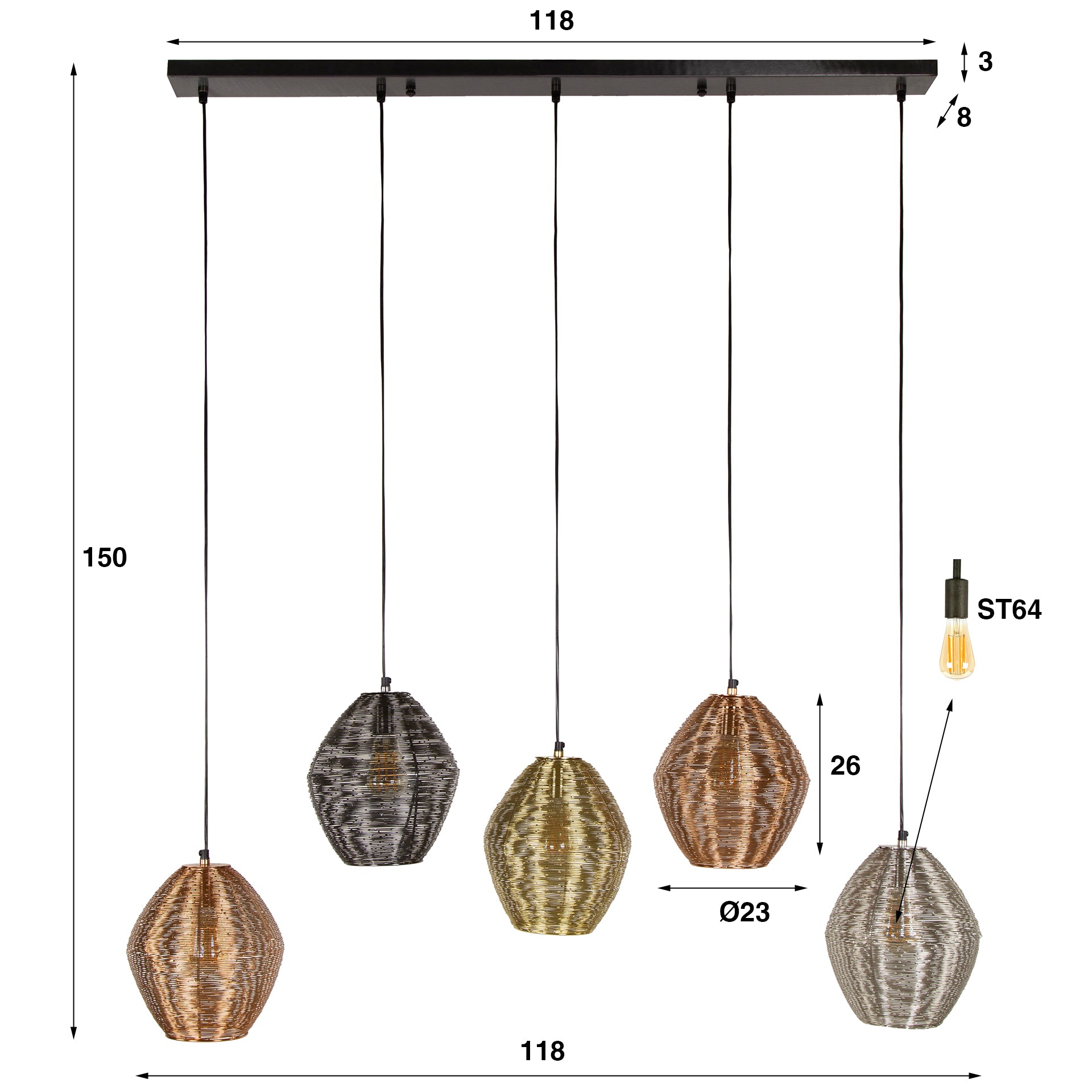 Hanglamp Cirella 5-lichts Mix Metaal Meubelista Afmetingen