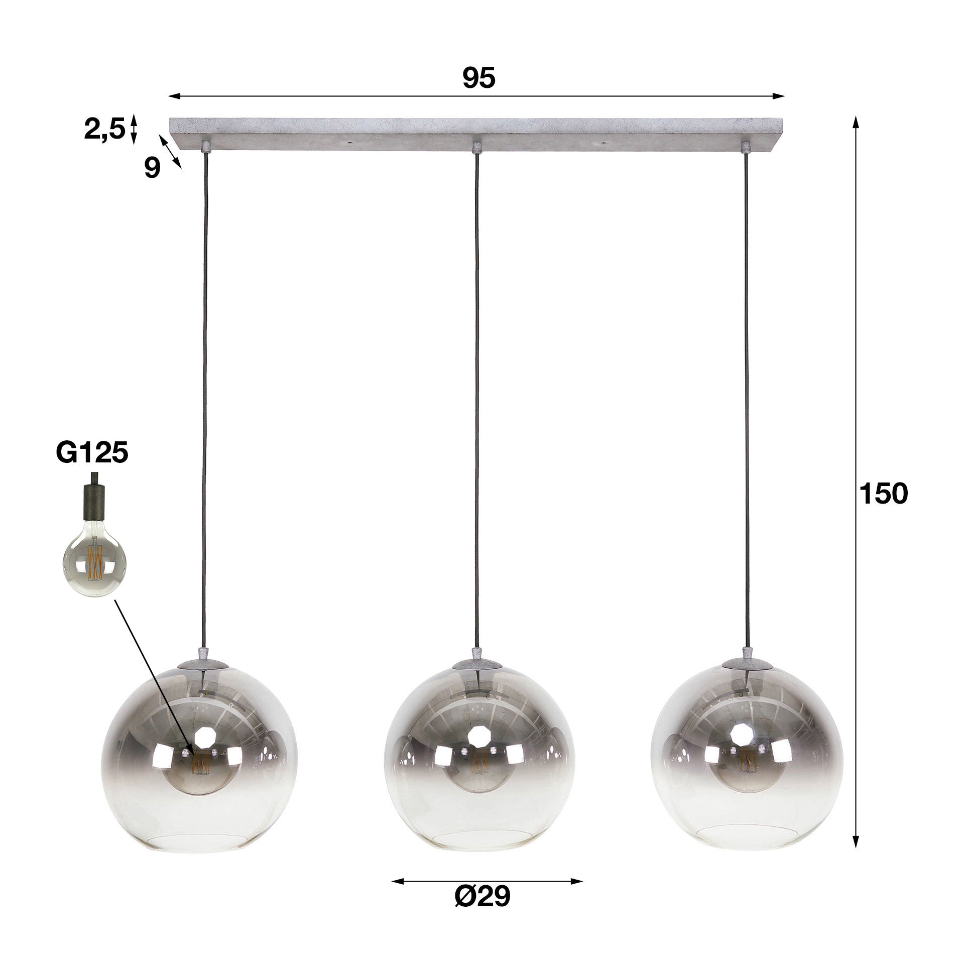 Hanglamp Hudson 3-lichts Smoke Glazen Bollen Meubelista Afmetingen