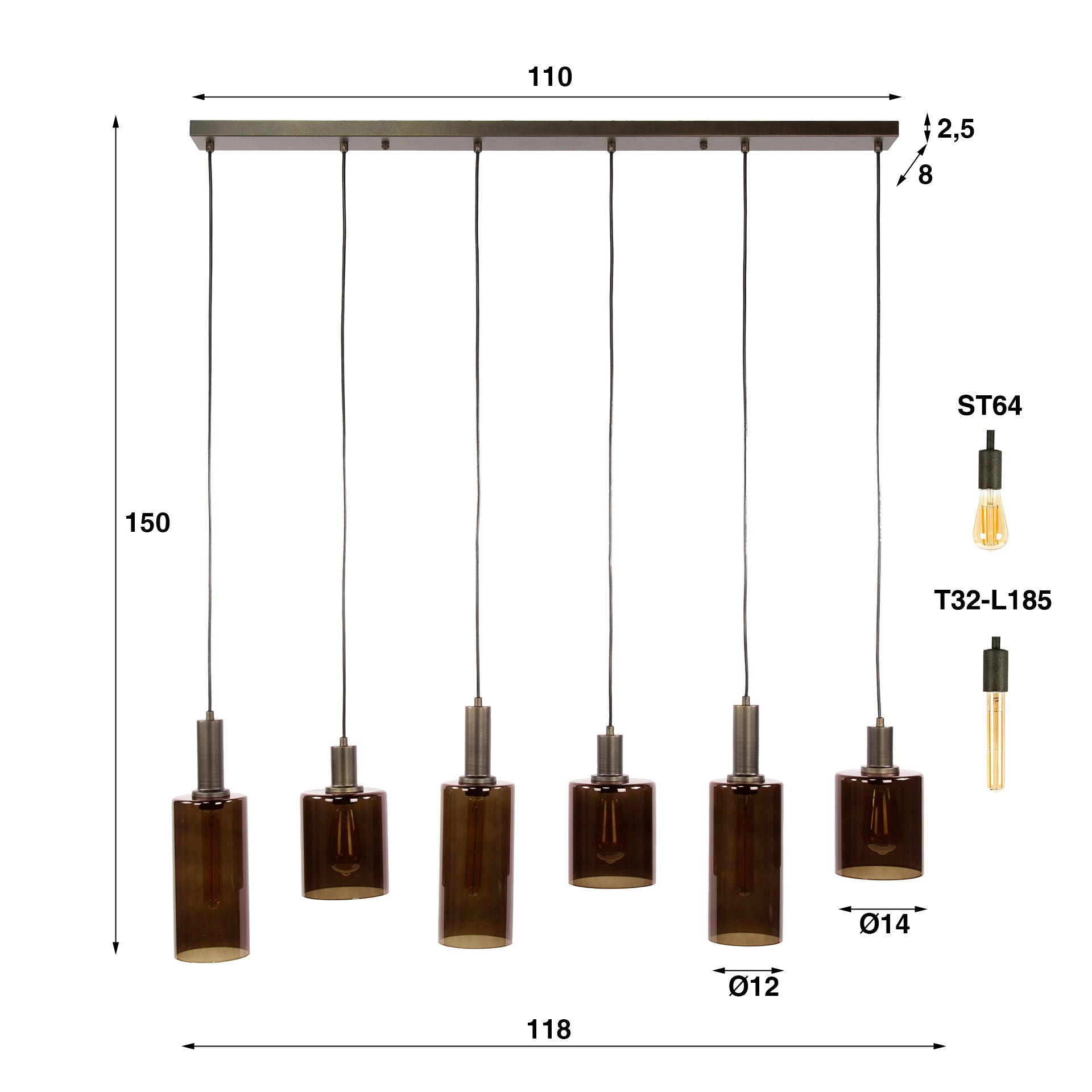 Hanglamp Lucaro 6-lichts Brons Glas Meubelista Afmetingen