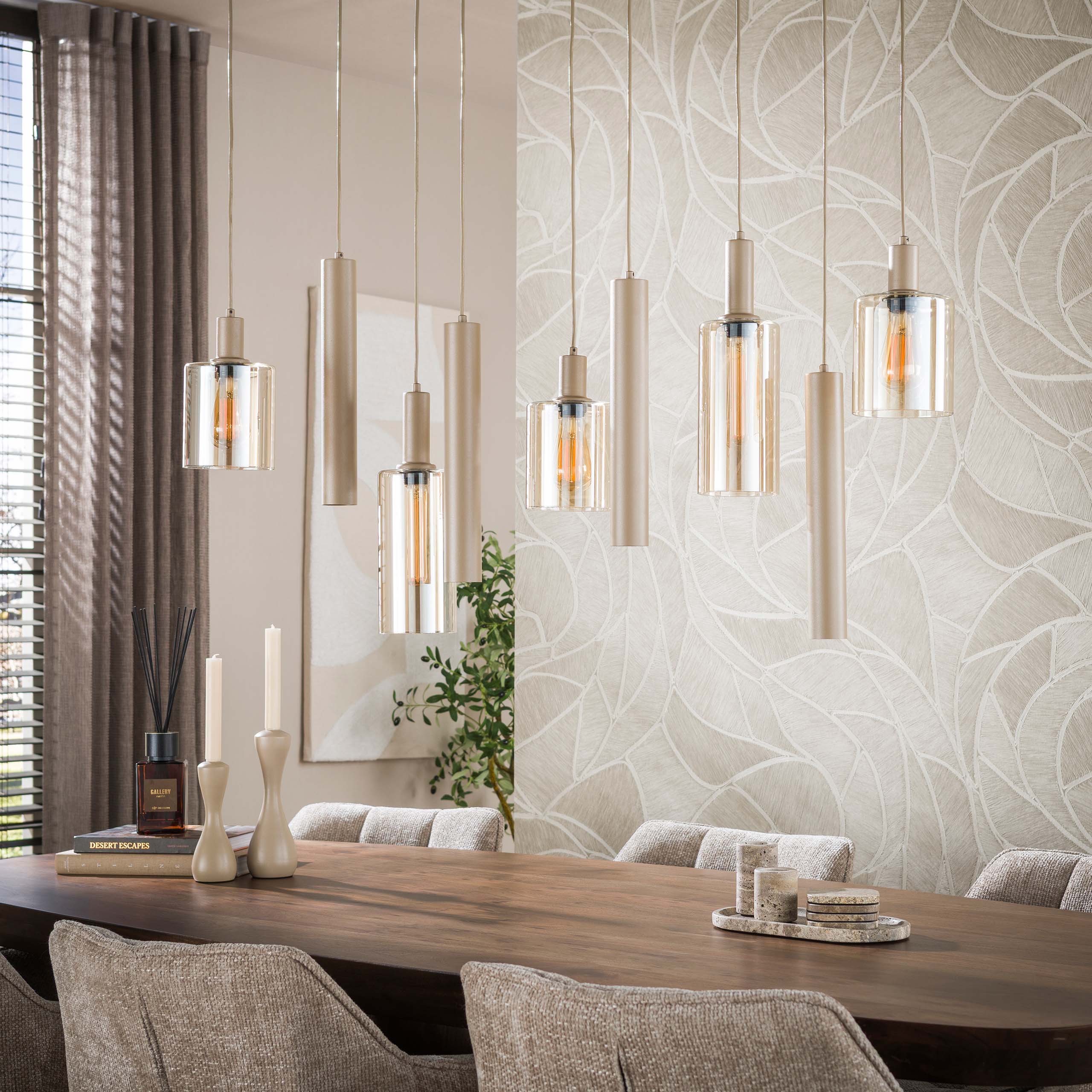 Hanglamp Lucaro 9-lichts Beige Amberglas Met Spots Sfeerfoto Licht Meubelista
