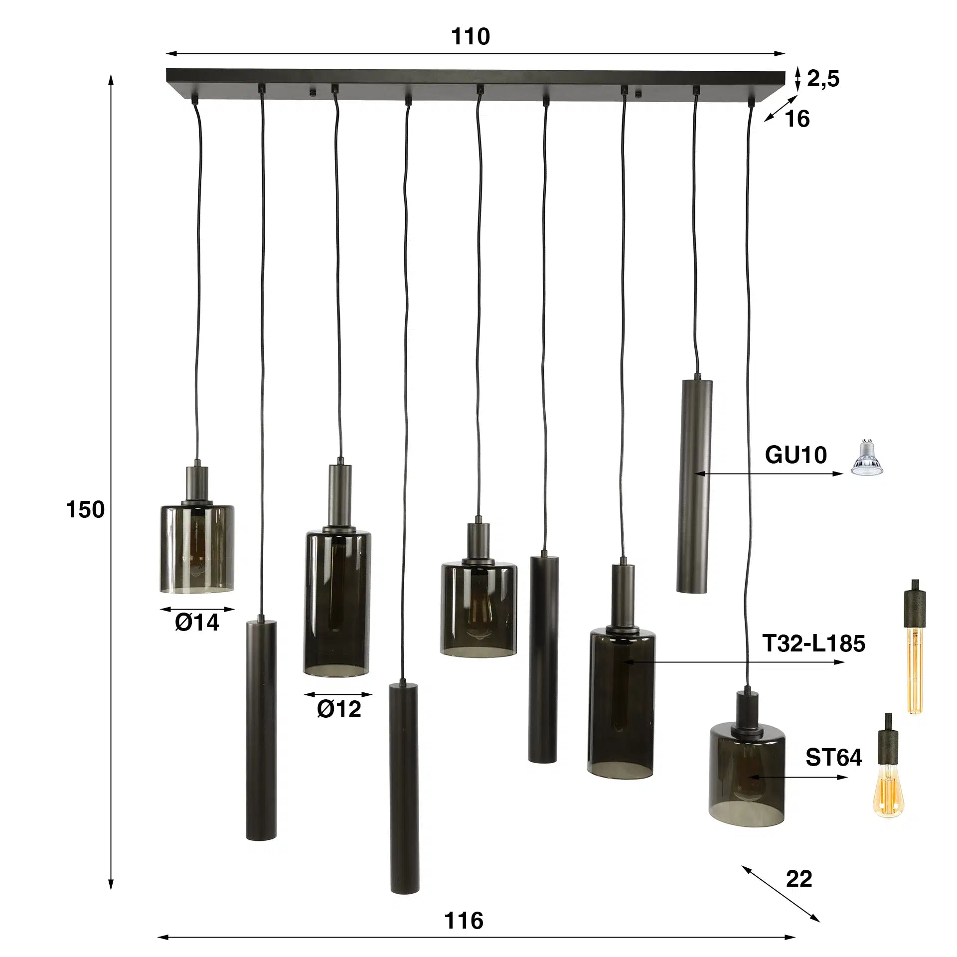 Hanglamp Lucaro 9-lichts Brons Glas Metaal Meubelista Afmetingen