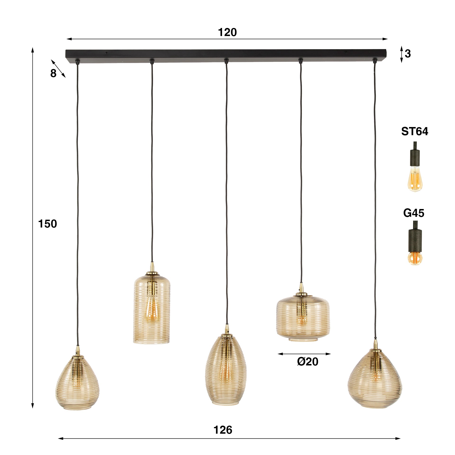 Hanglamp Norelle 5-lichts Amberkleurig Glas Meubelista Afmetingen
