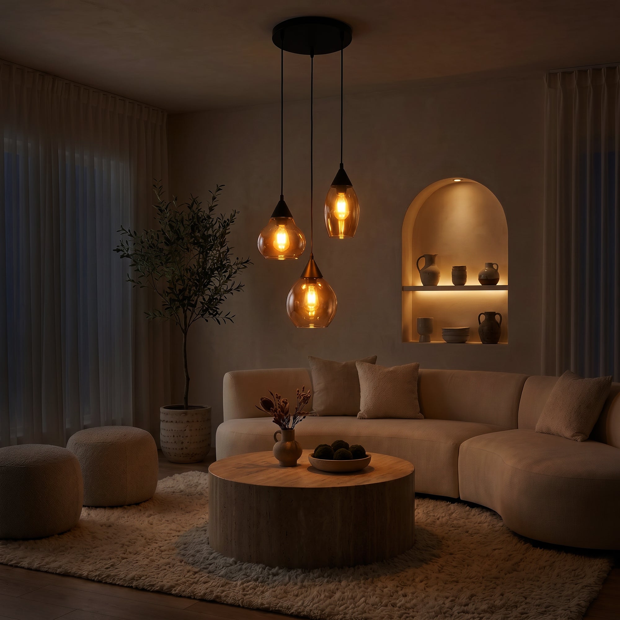 Hanglamp Olea 3-lichts Amberkleurig Glas Meubelista