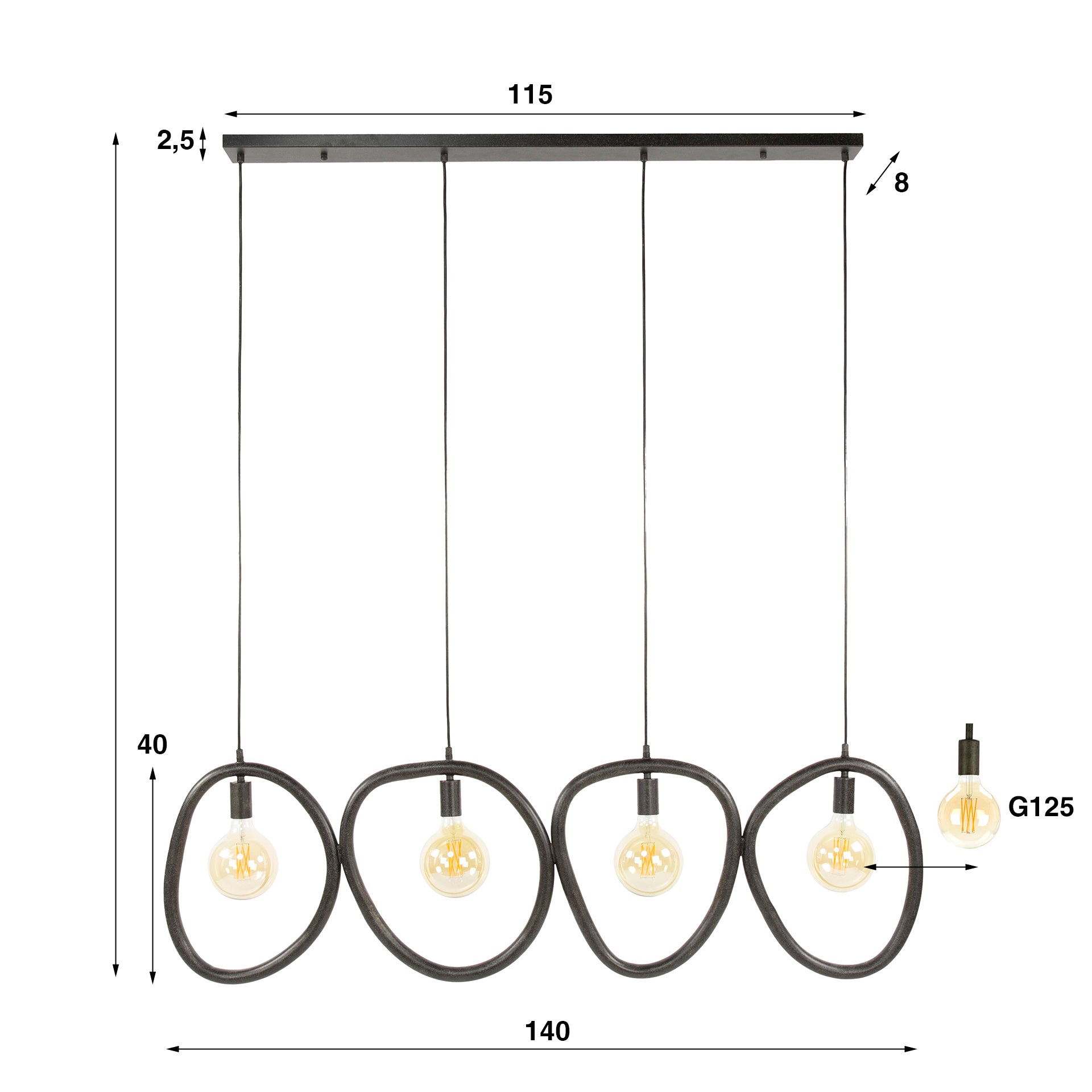 Hanglamp Winnie 4-lichts Antraciet Metaal Meubelista Afmetingen