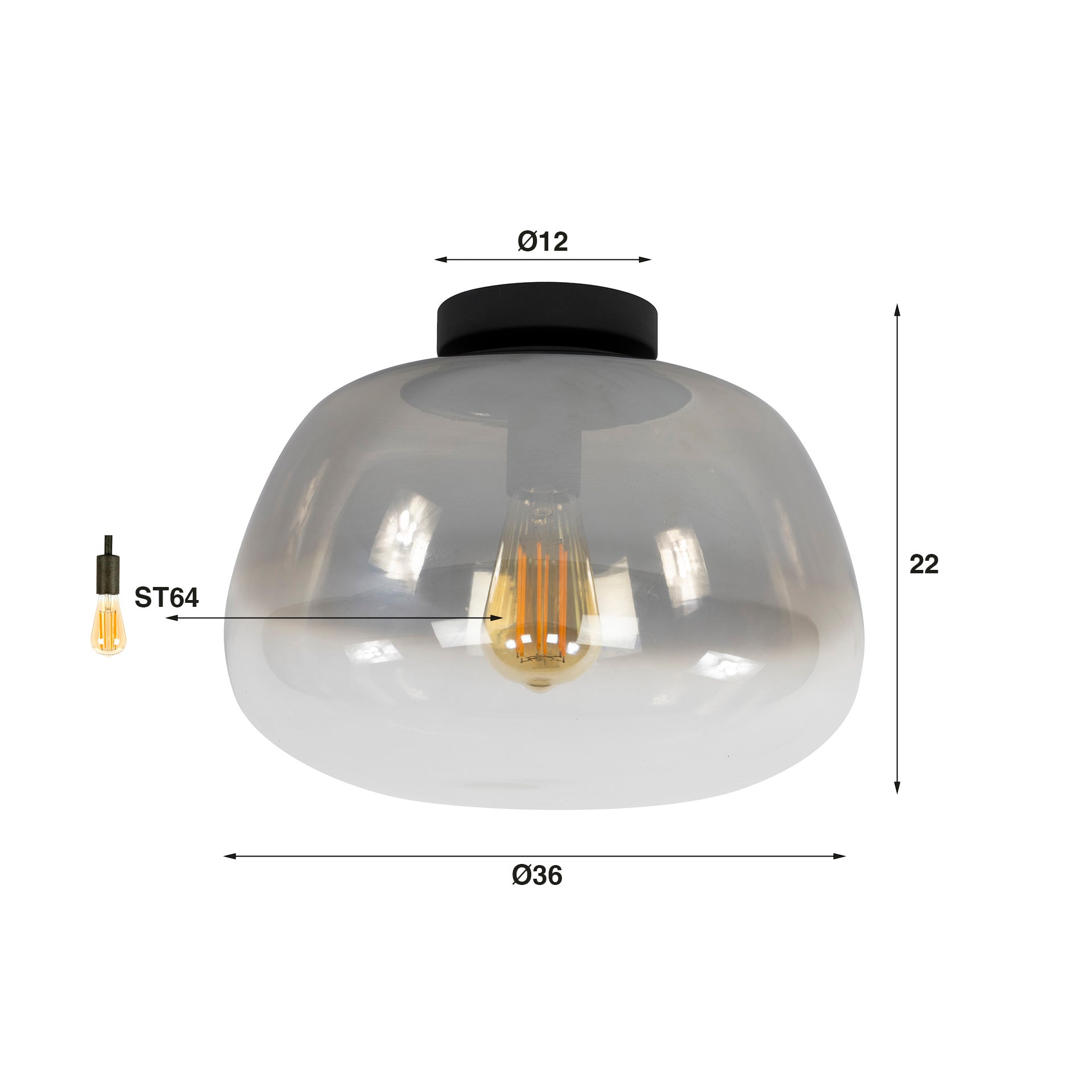 Plafondlamp Luvra 1-lichts Smokeglas Glas Meubelista Afmetingen