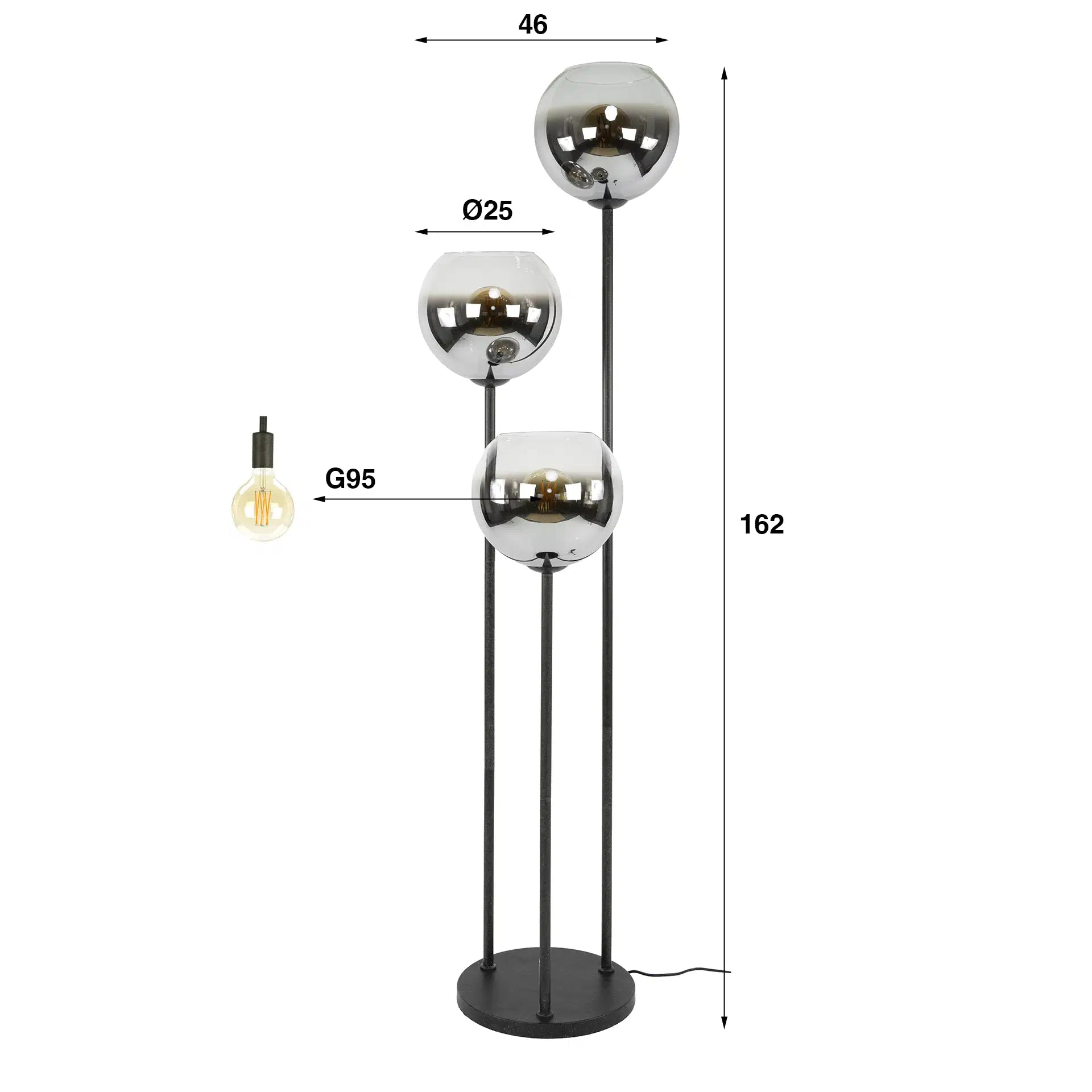 Vloerlamp Bollo Chroom Glas 162 cm Meubelista Afmetingen